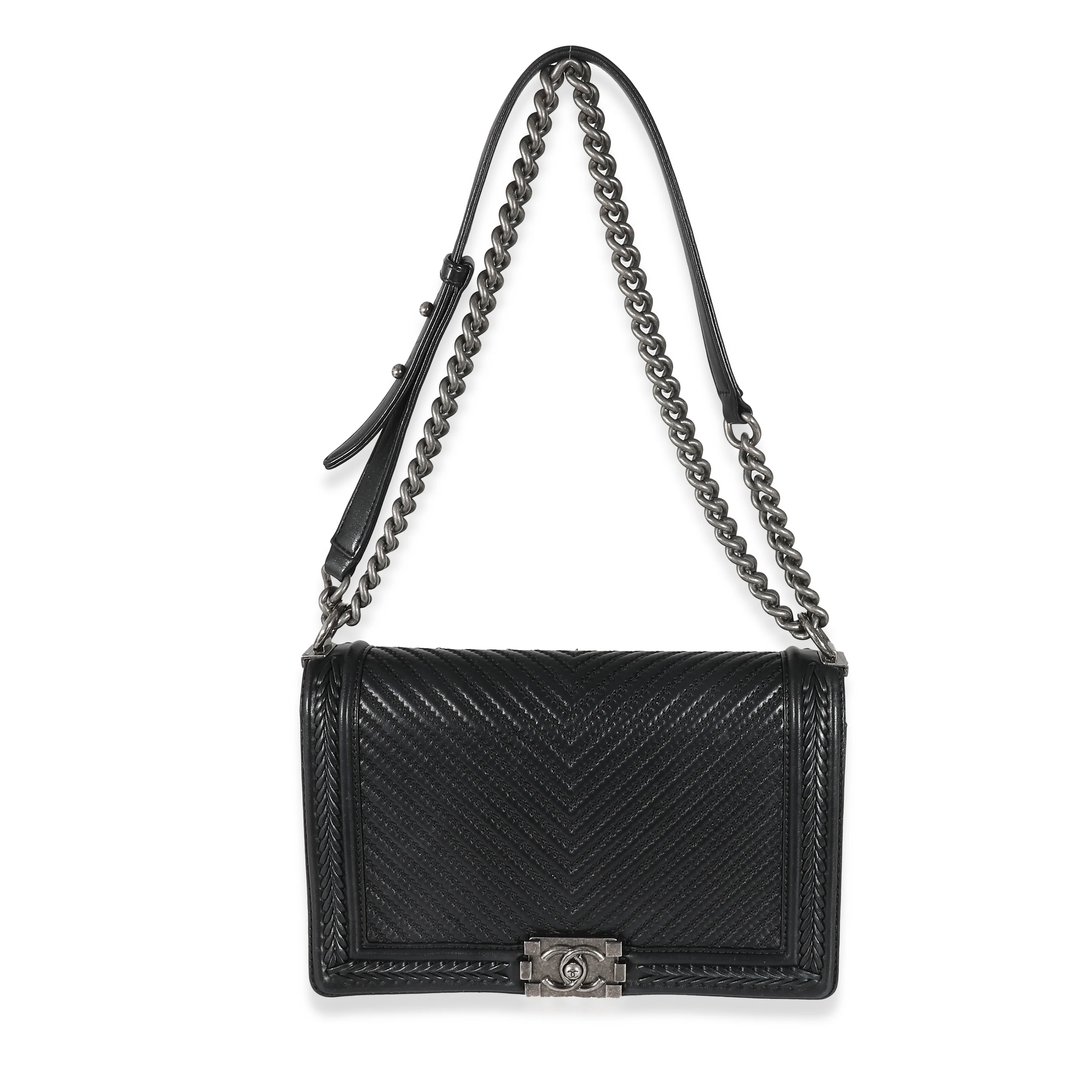 Chanel Black Herringbone Lambskin Chevron New Medium Boy Bag - Image 7