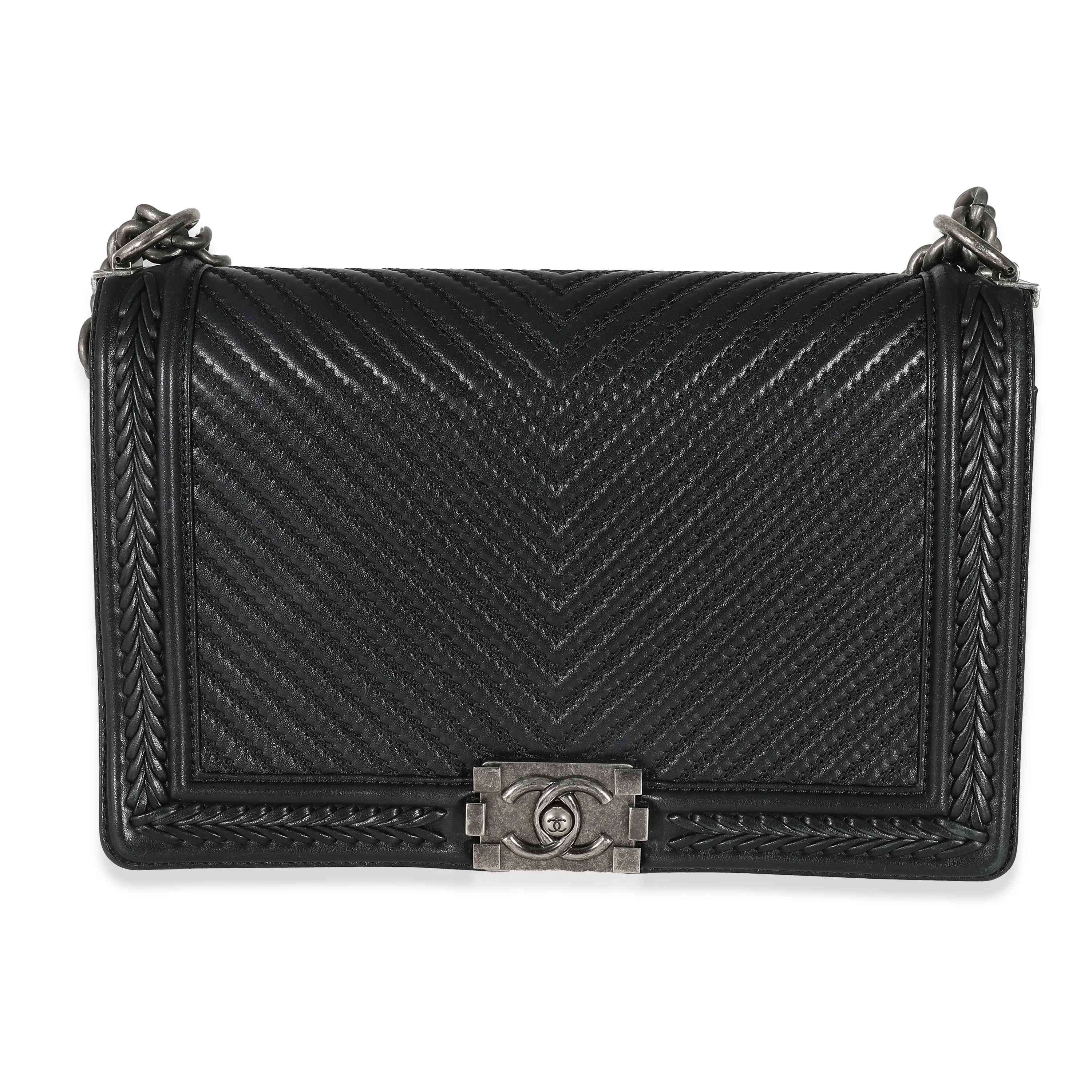 Chanel Black Herringbone Lambskin Chevron New Medium Boy Bag