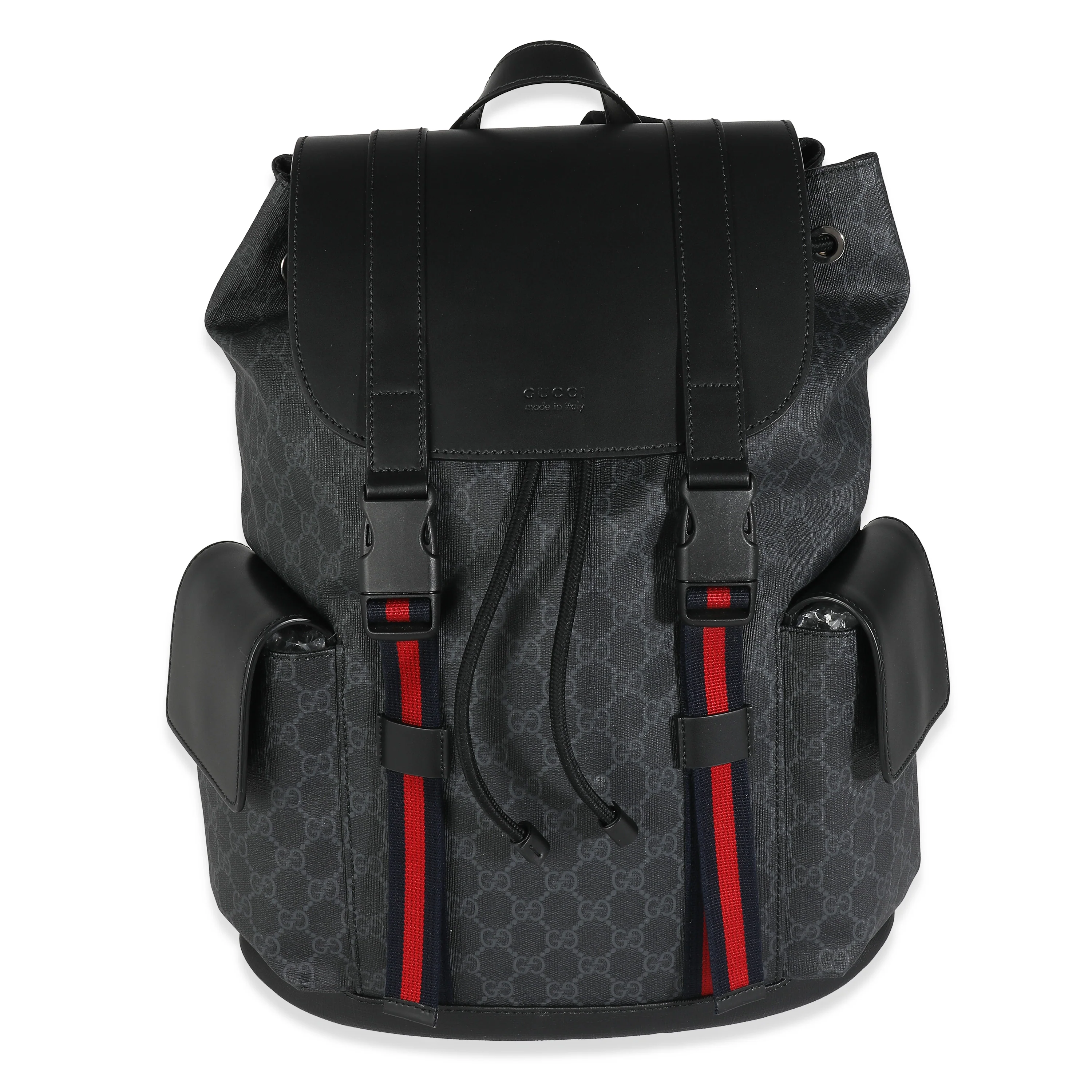 Gucci Black Calfskin Soft GG Supreme Canvas Web Double Buckle Backpack