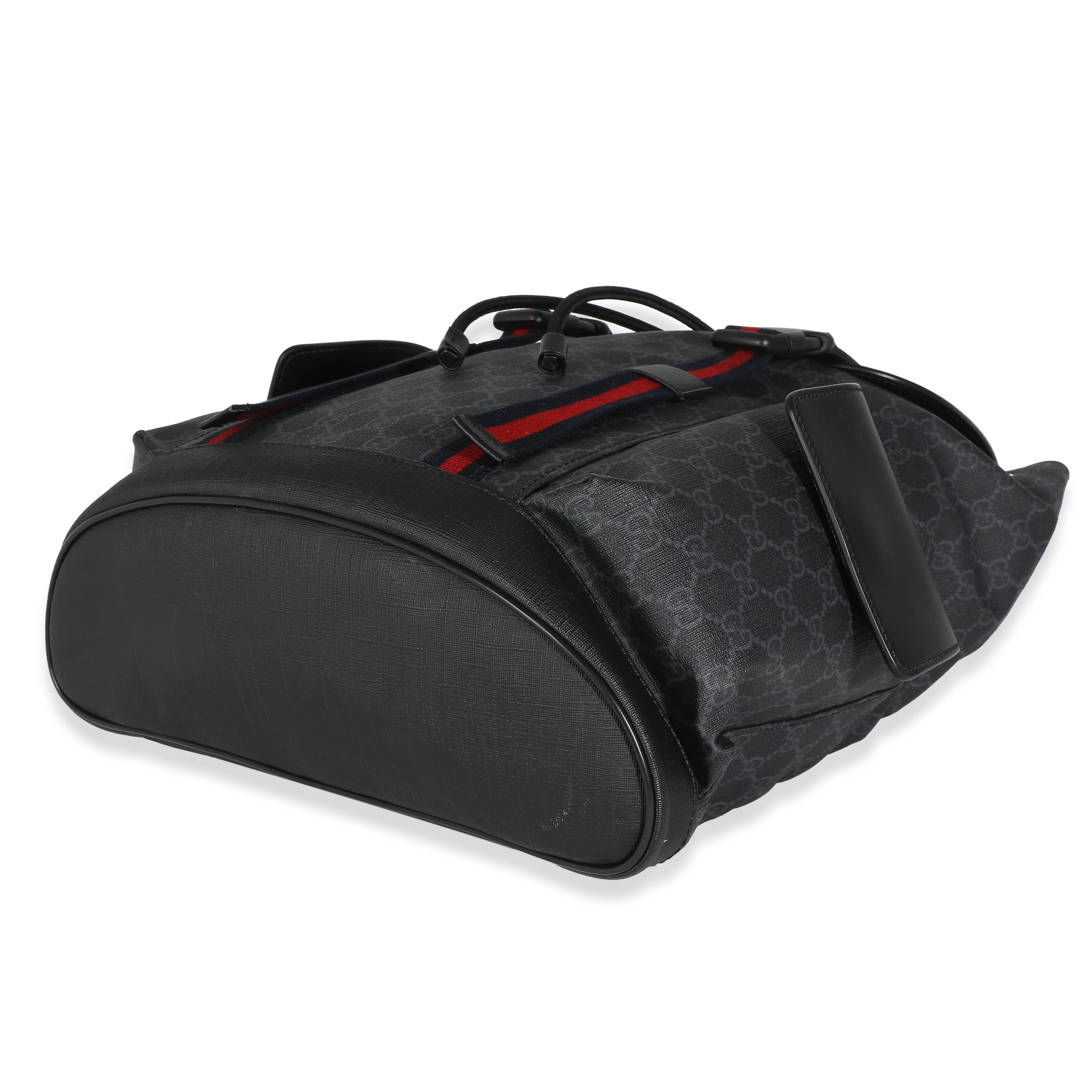 Gucci Black Calfskin Soft GG Supreme Canvas Web Double Buckle Backpack - Image 5