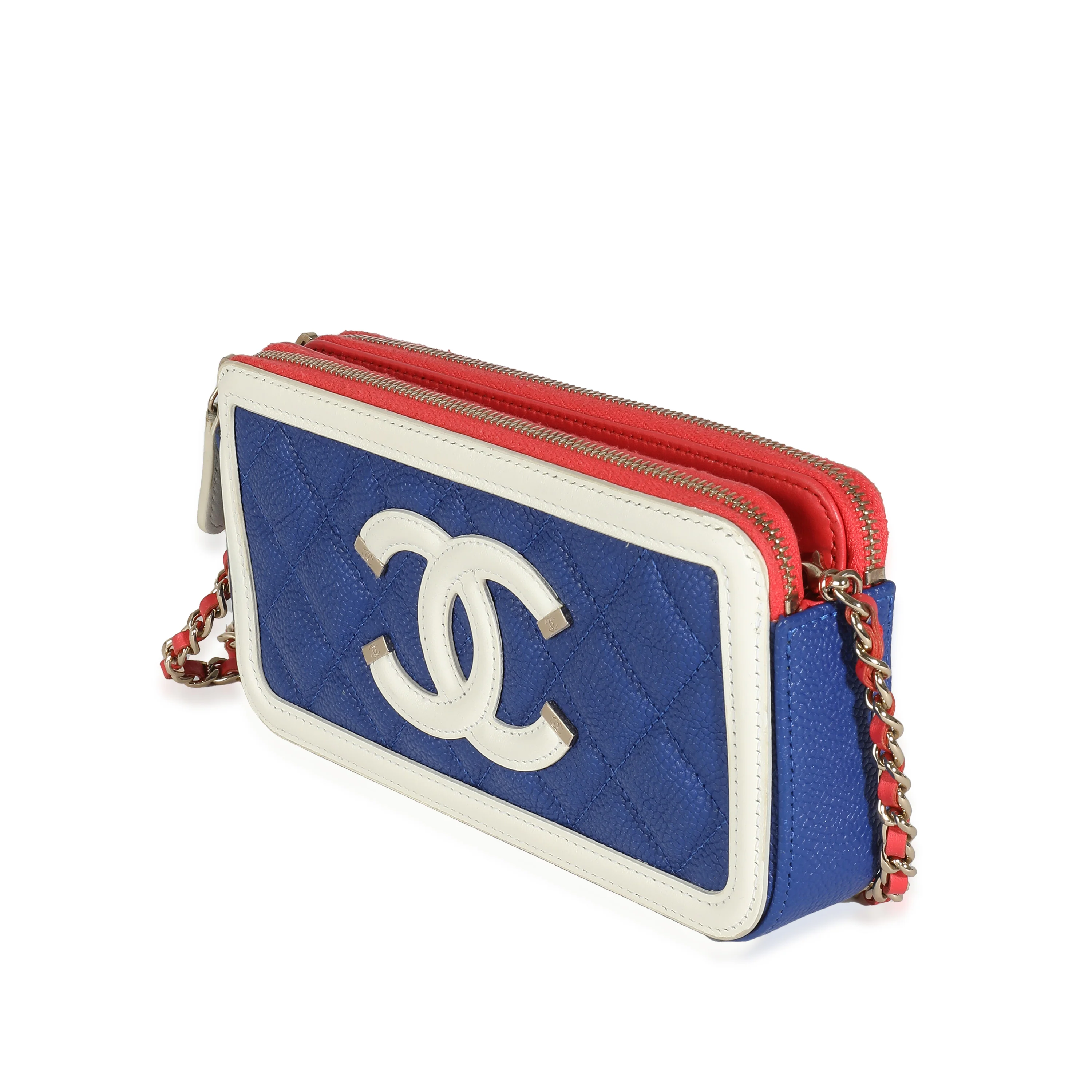 Blue White Red Quilted Caviar Double Zip Filigree Clutch - Image 2