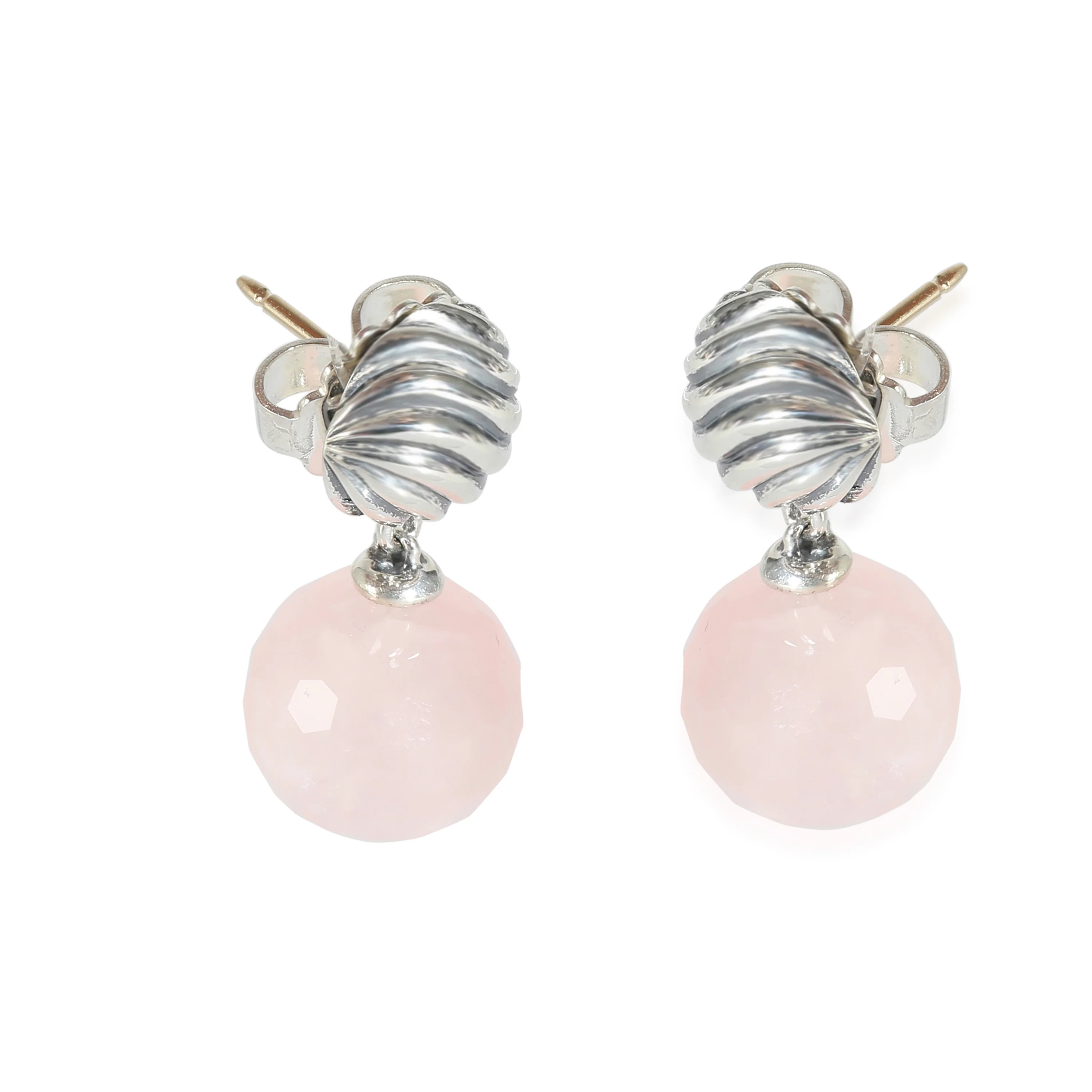 David Yurman Sculpted Cable & Rose Quartz Earrings in Sterling Silver - Image 2
