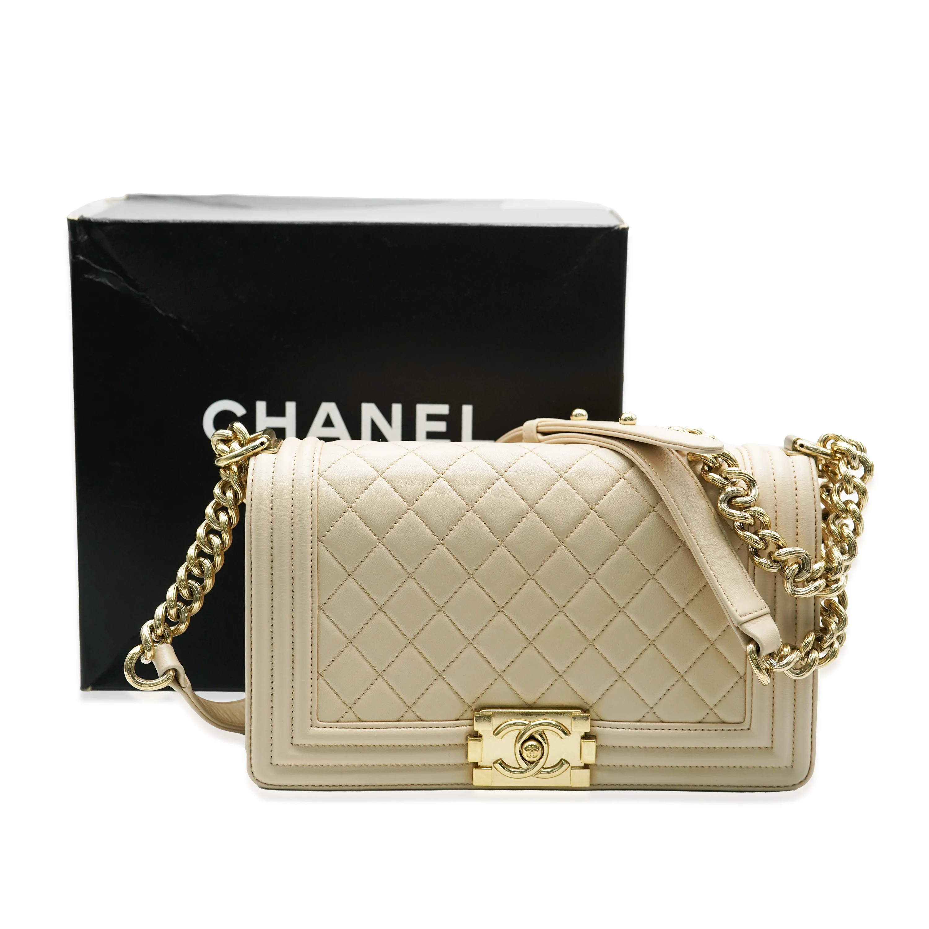 Beige Quilted Lambskin Medium Boy Bag - Image 9