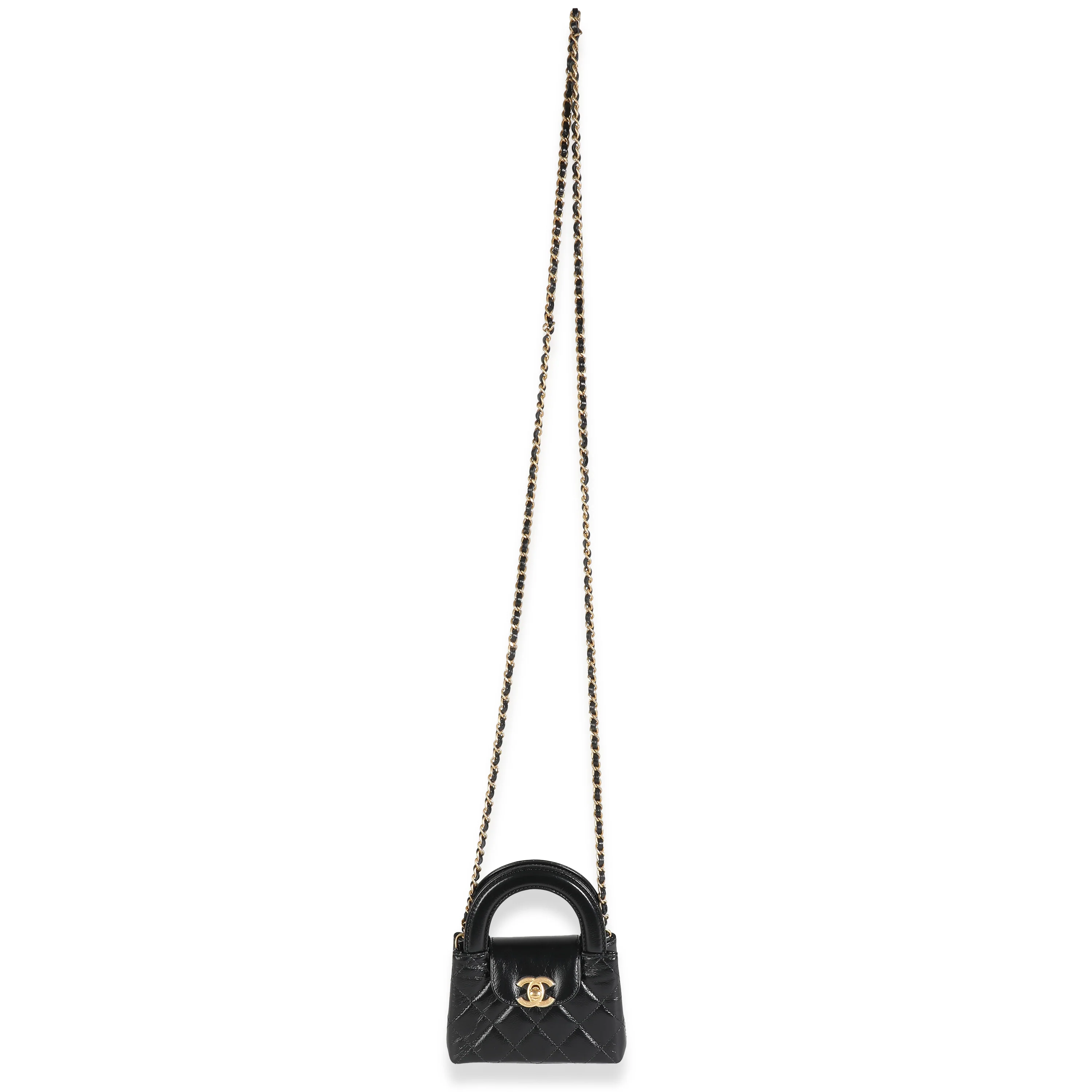 24P Black Quilted Shiny Aged Calfskin Mini Nano Kelly Shopper - Image 8