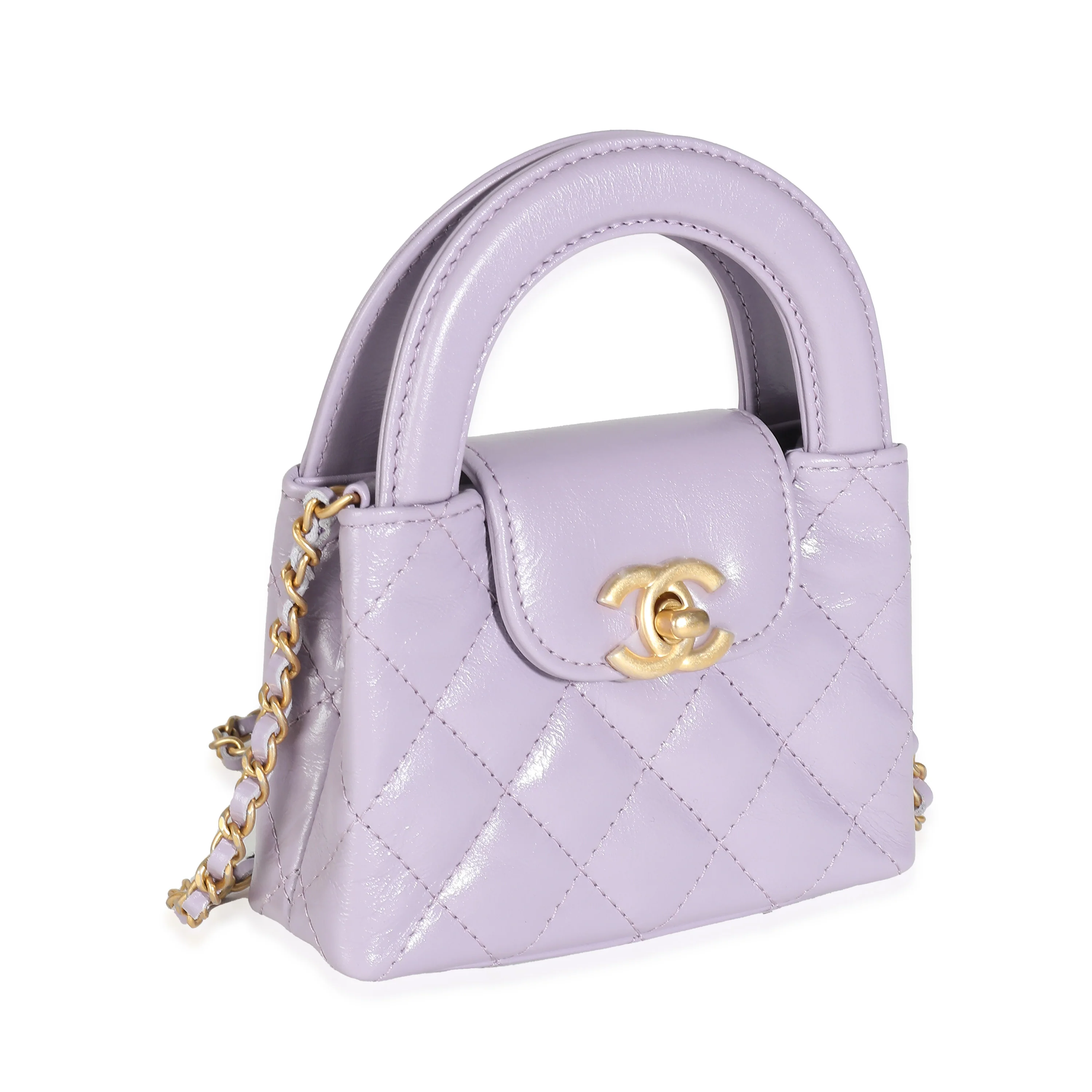 24P Light Purple Quilted Shiny Aged Calfskin Mini Nano Kelly Shopper - Image 3