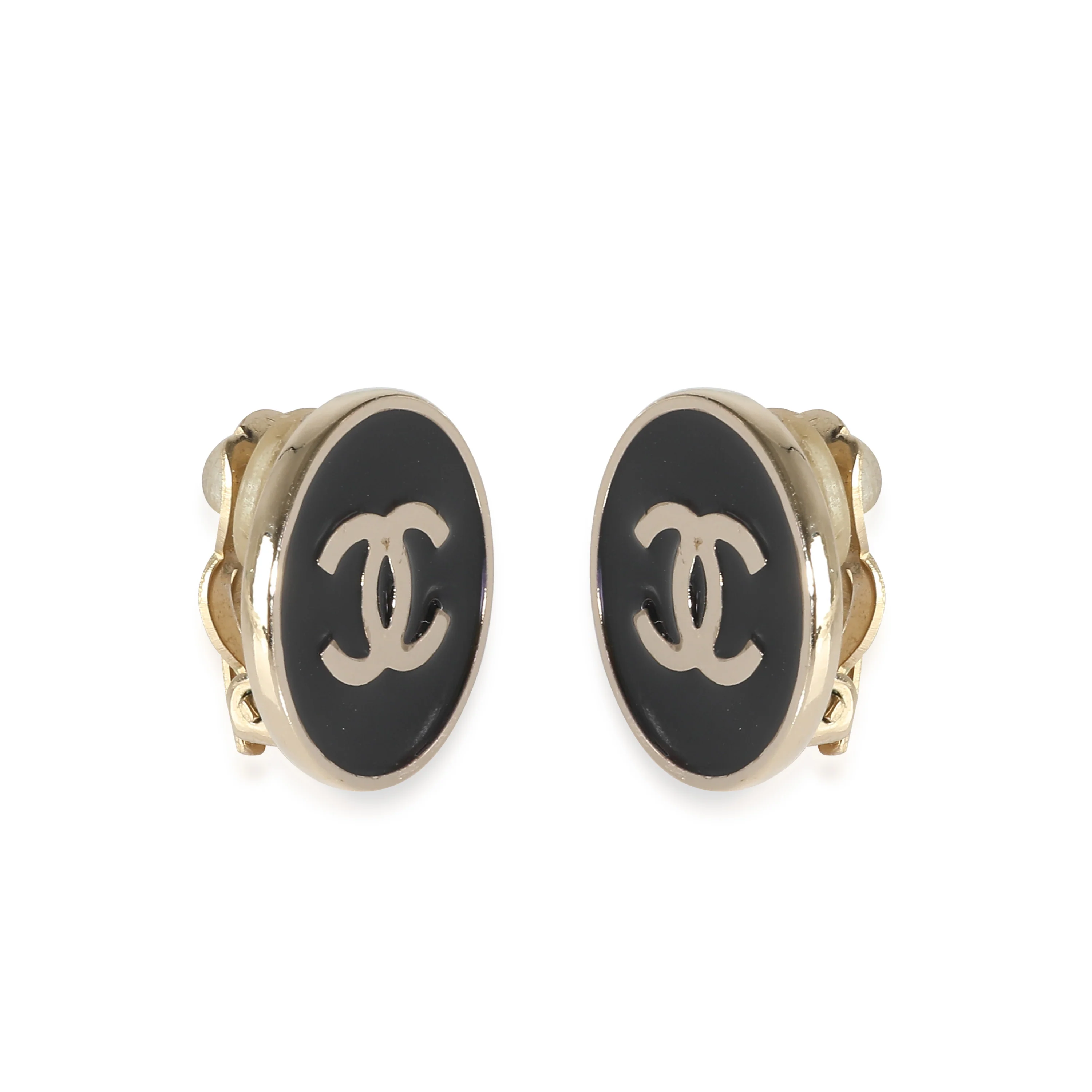 CC Gold Tone with Black Enamel Button Earrings - Image 2