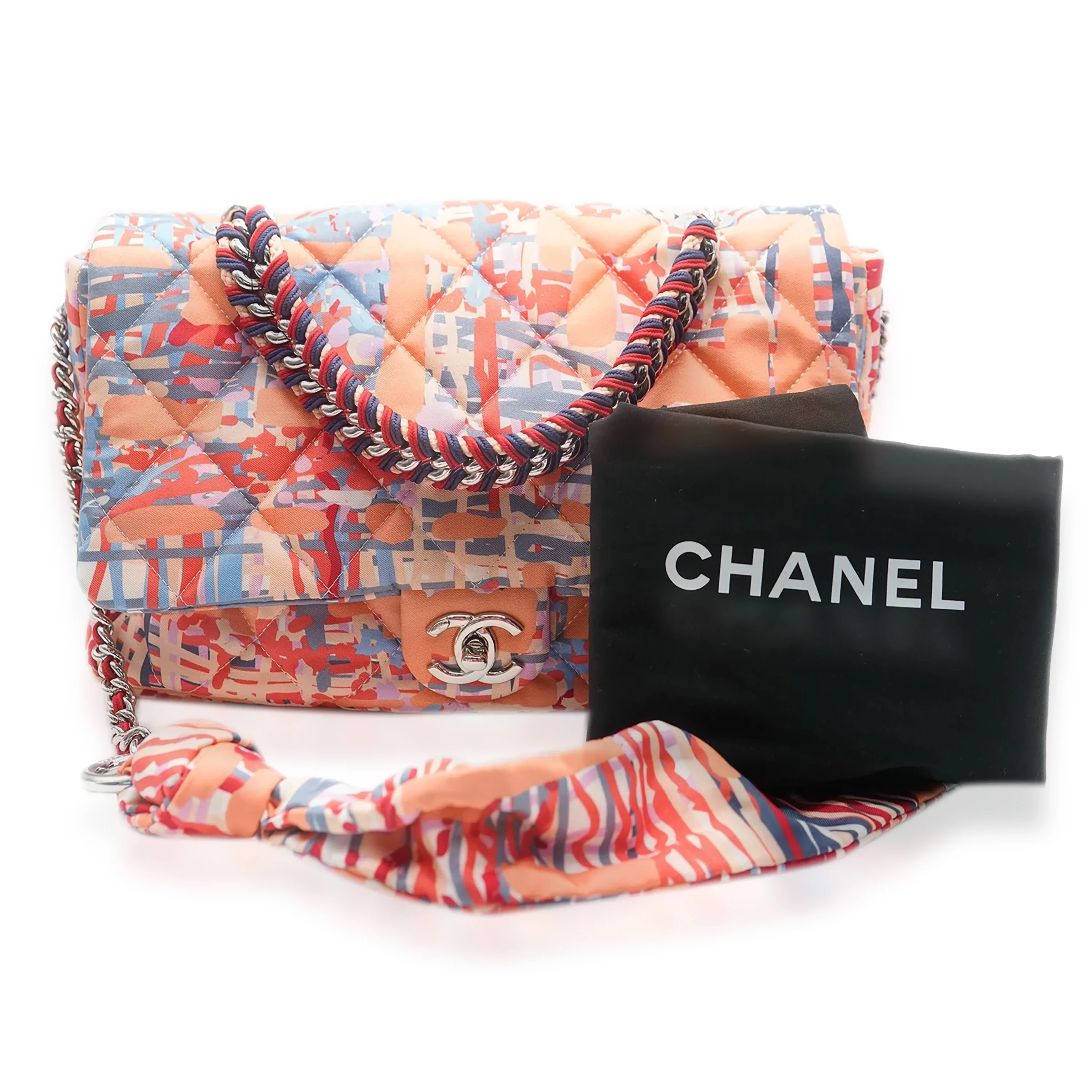 Chanel Orange Foulard Fabric Quilted Printed Large Flap - Image 4