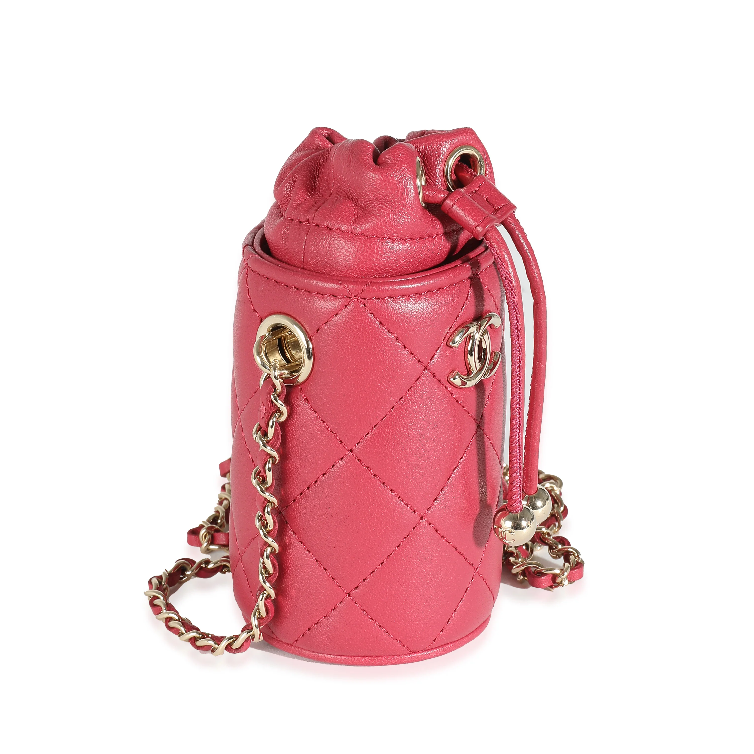 Dark Pink Quilted Lambskin Micro Drawstring Bucket - Image 3