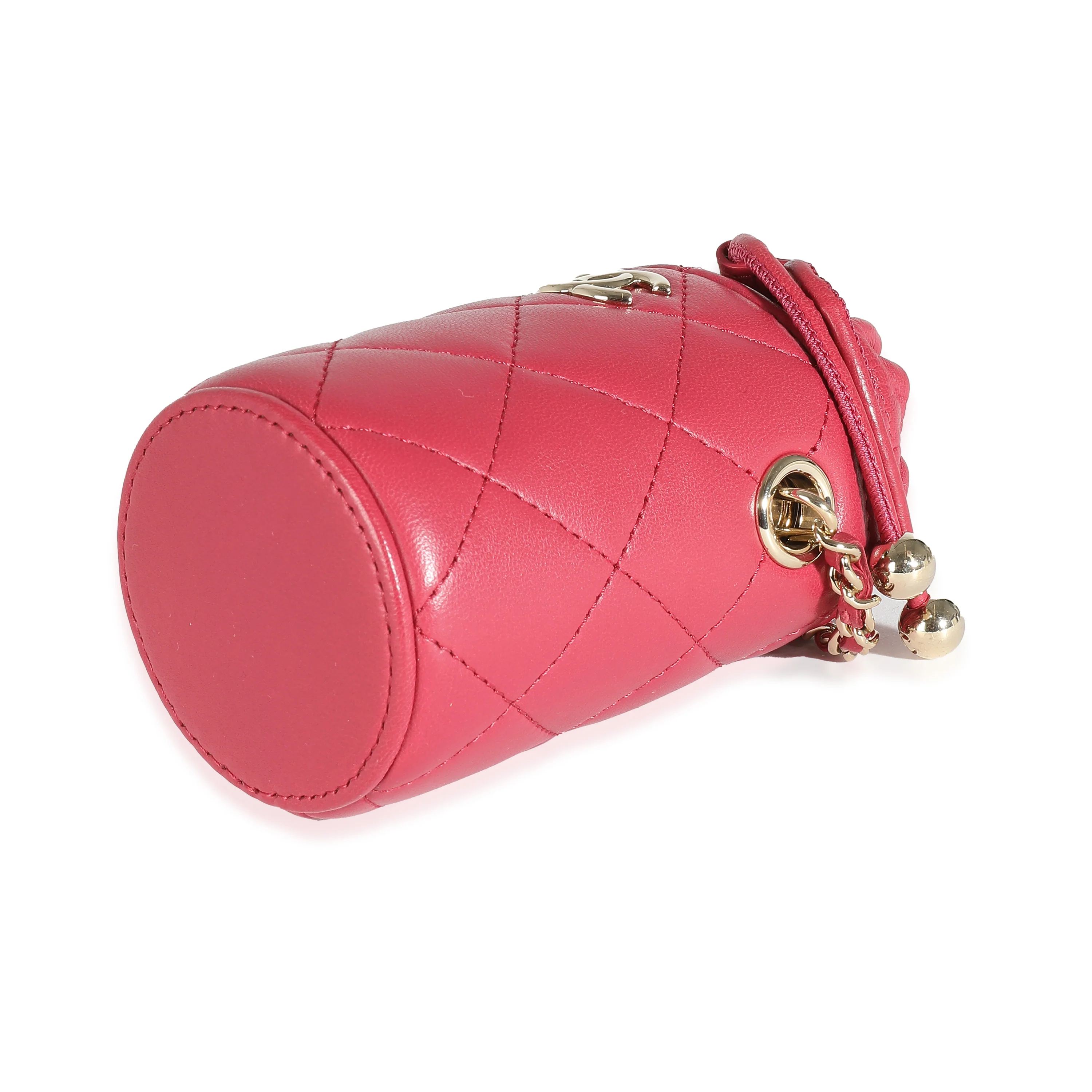 Dark Pink Quilted Lambskin Micro Drawstring Bucket - Image 5