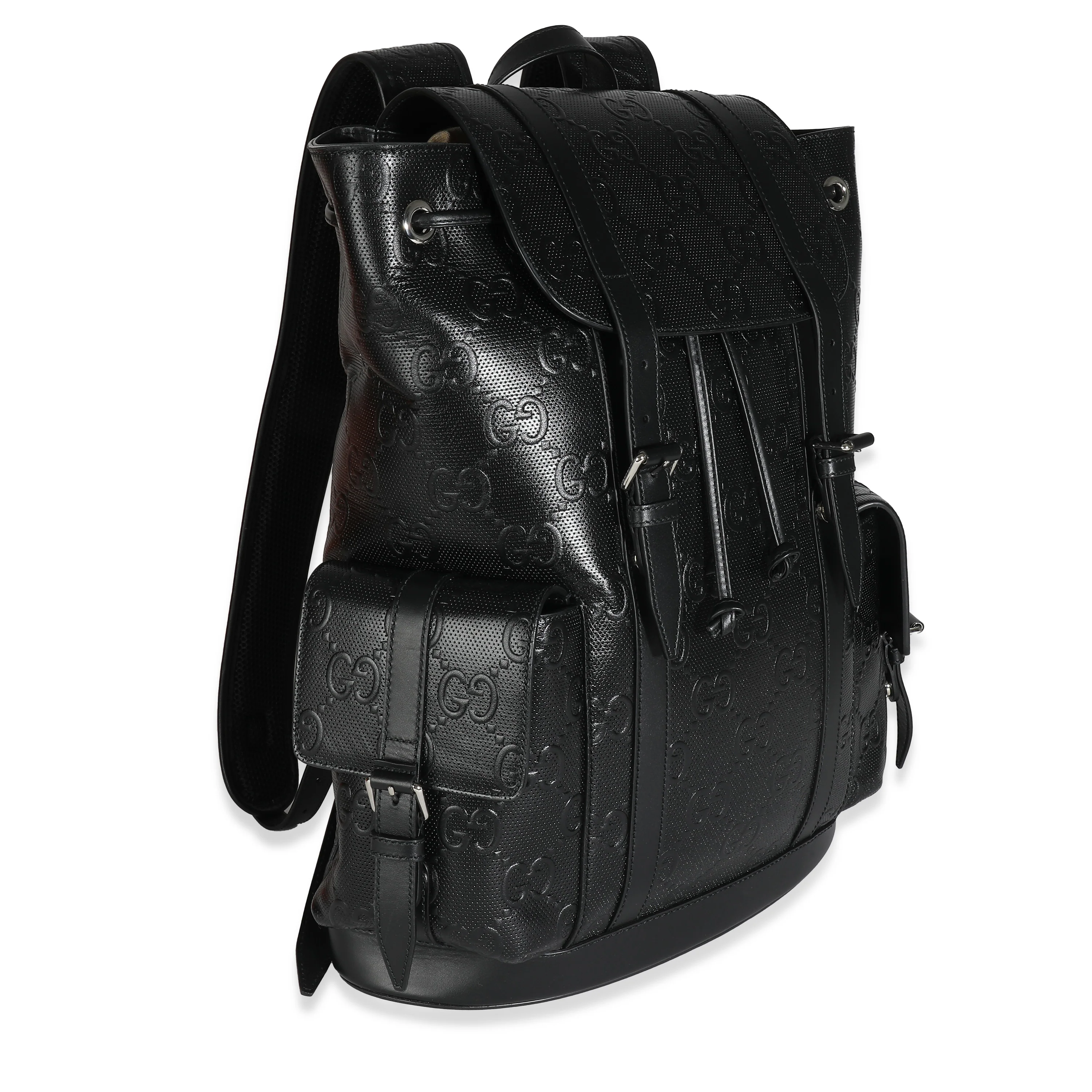 Gucci Black GG Tennis Embossed Calfskin Double Buckle Backpack - Image 3