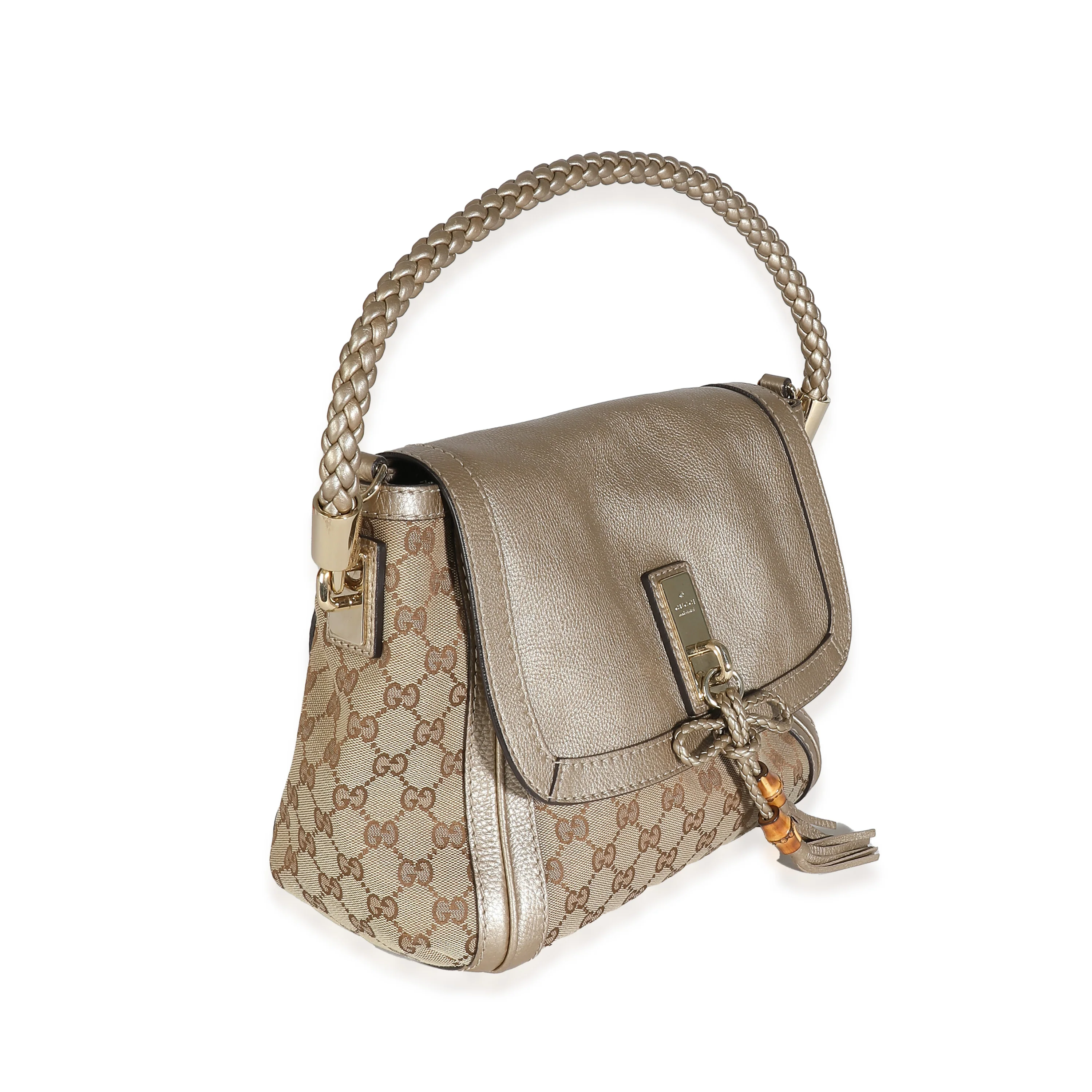 Gucci Champagne Calfskin Beige GG Canvas Medium Bella Flap Bag - Image 3