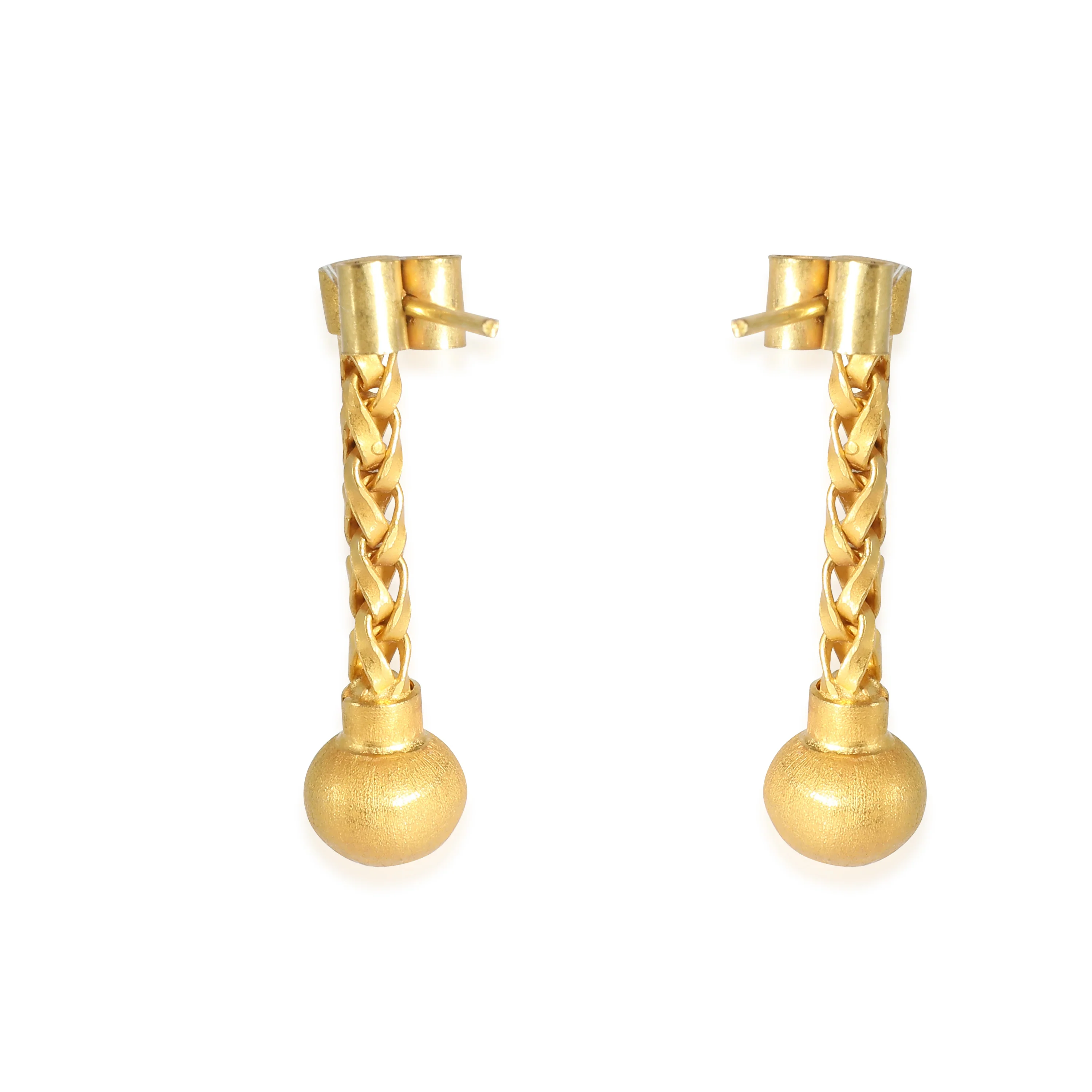 18K Yellow Gold Matte Woven Chain & Ball Drop Earrings - Image 3