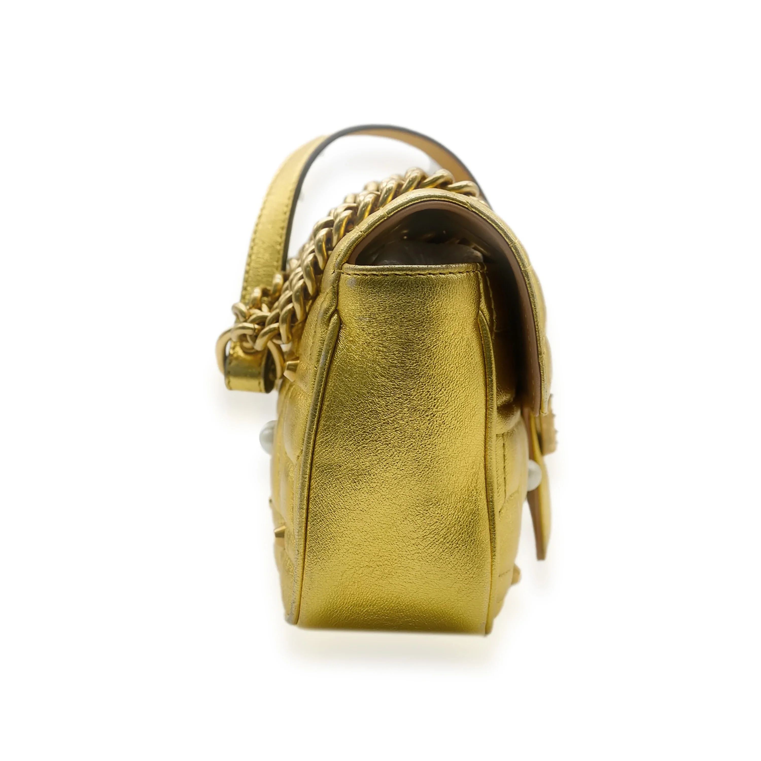Metallic Gold Calfskin Studded Pearly GG Marmont Bag - Image 2