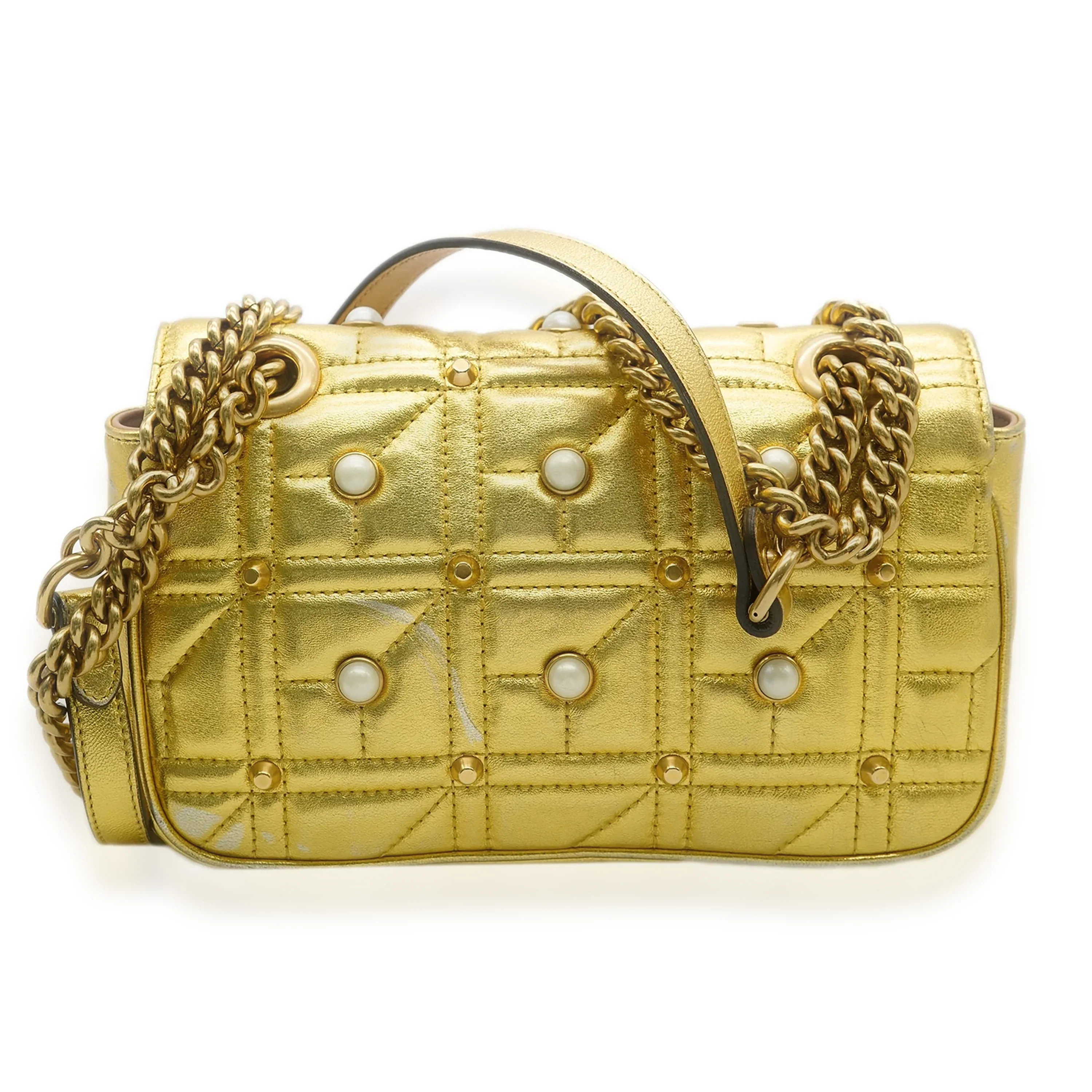 Metallic Gold Calfskin Studded Pearly GG Marmont Bag - Image 3