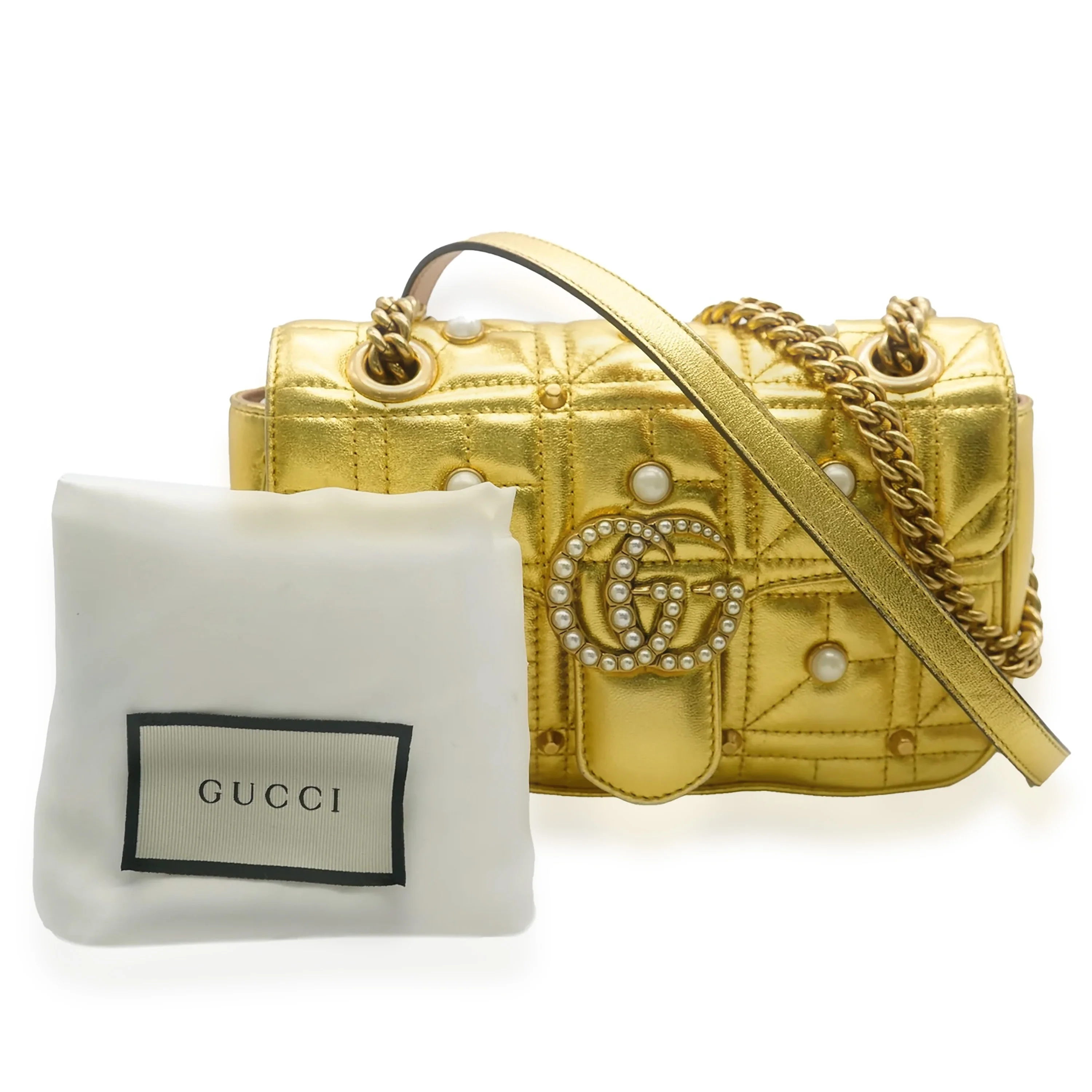 Metallic Gold Calfskin Studded Pearly GG Marmont Bag - Image 9