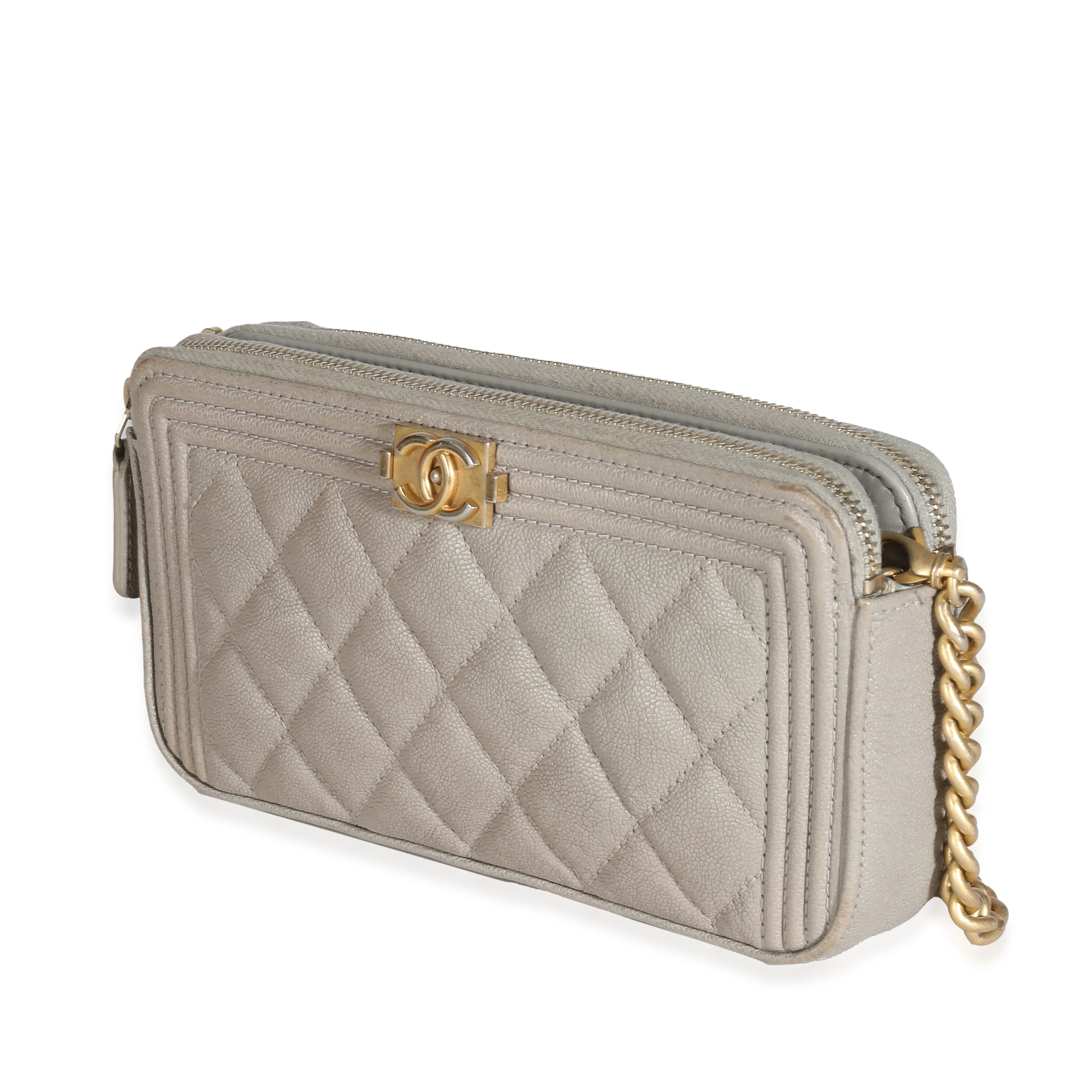 Chanel Grey Quilted Caviar Boy Clutch With Chain - Image 2
