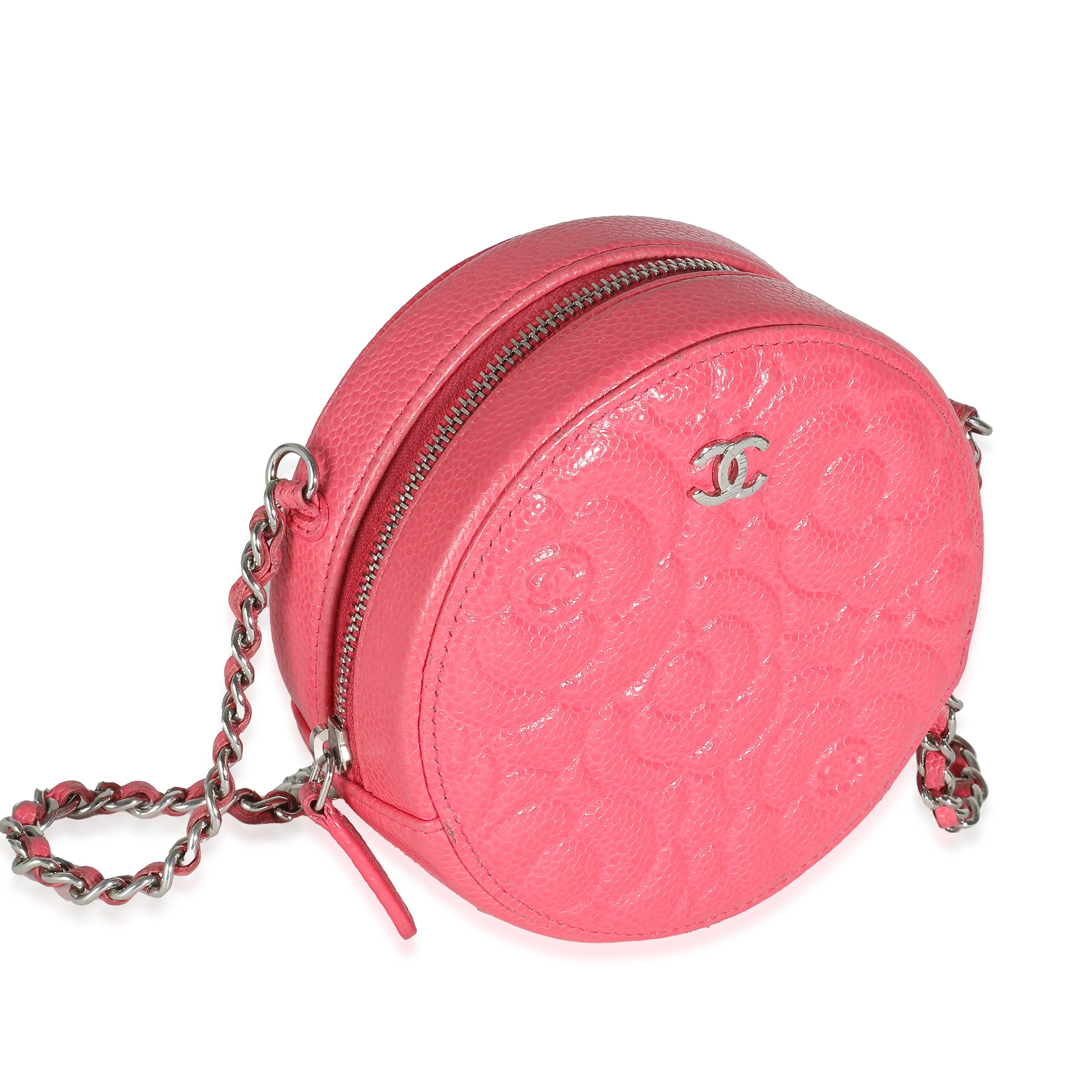 Pink Camellia Embossed Caviar Round Mini Pouch With Chain - Image 3