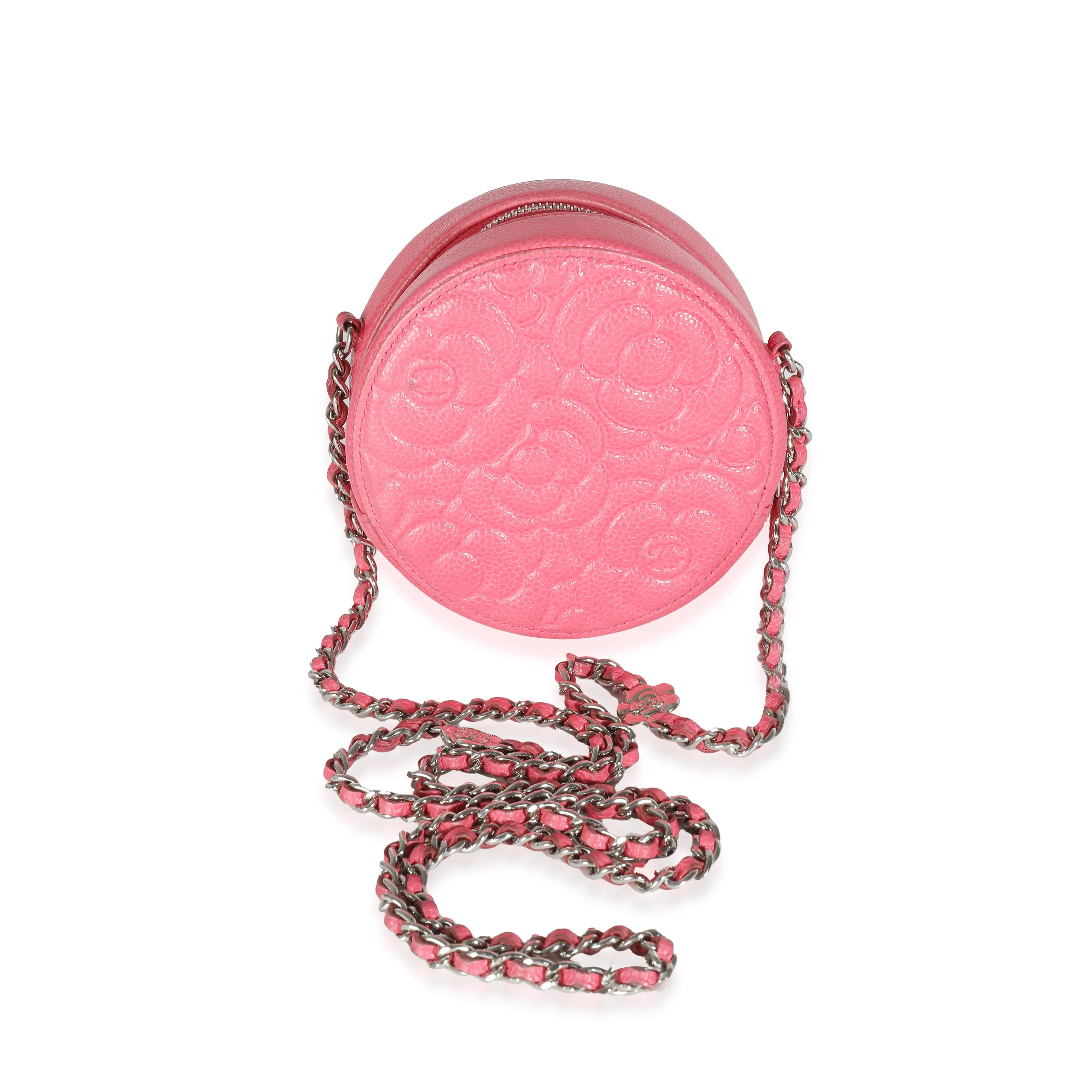 Pink Camellia Embossed Caviar Round Mini Pouch With Chain - Image 4