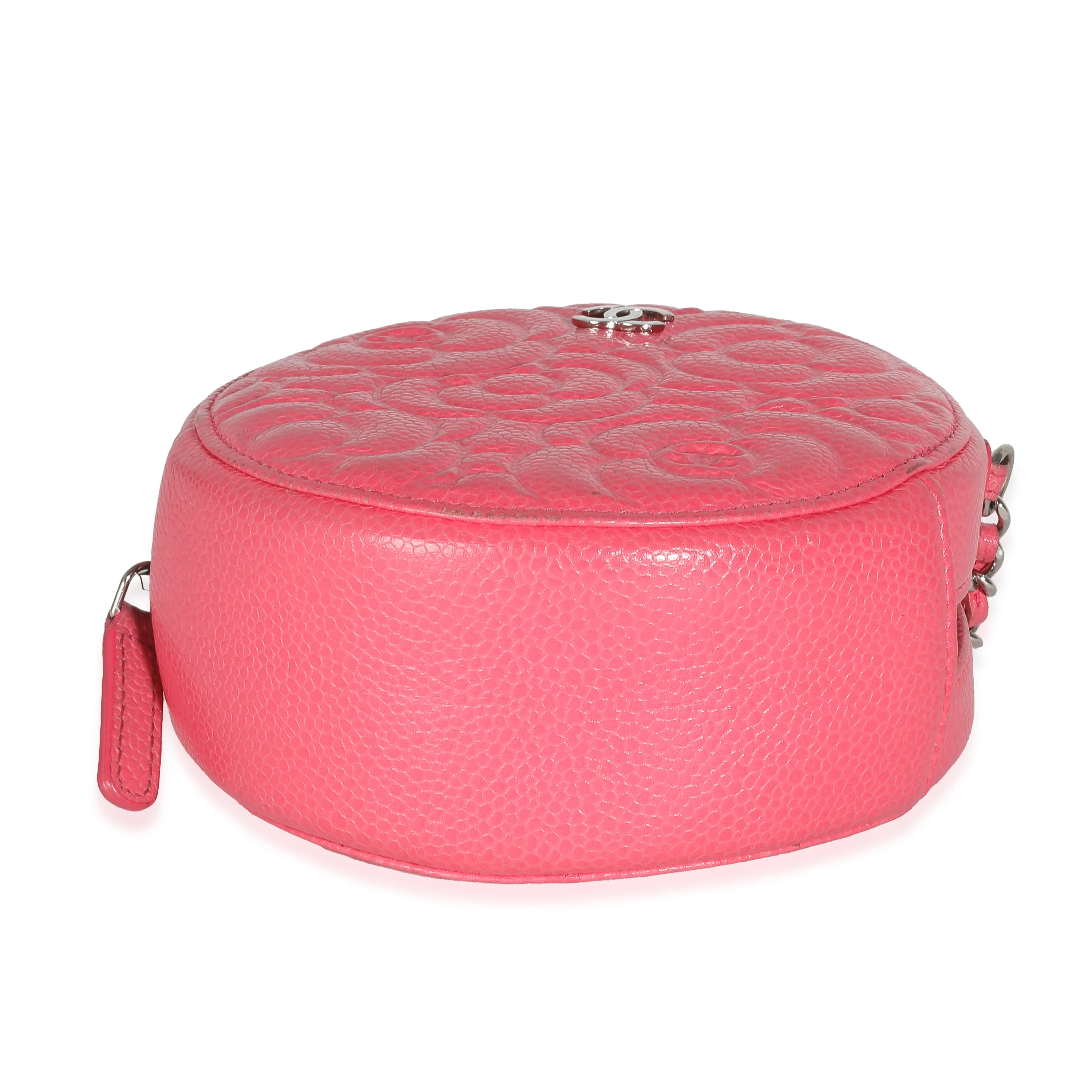 Pink Camellia Embossed Caviar Round Mini Pouch With Chain - Image 5