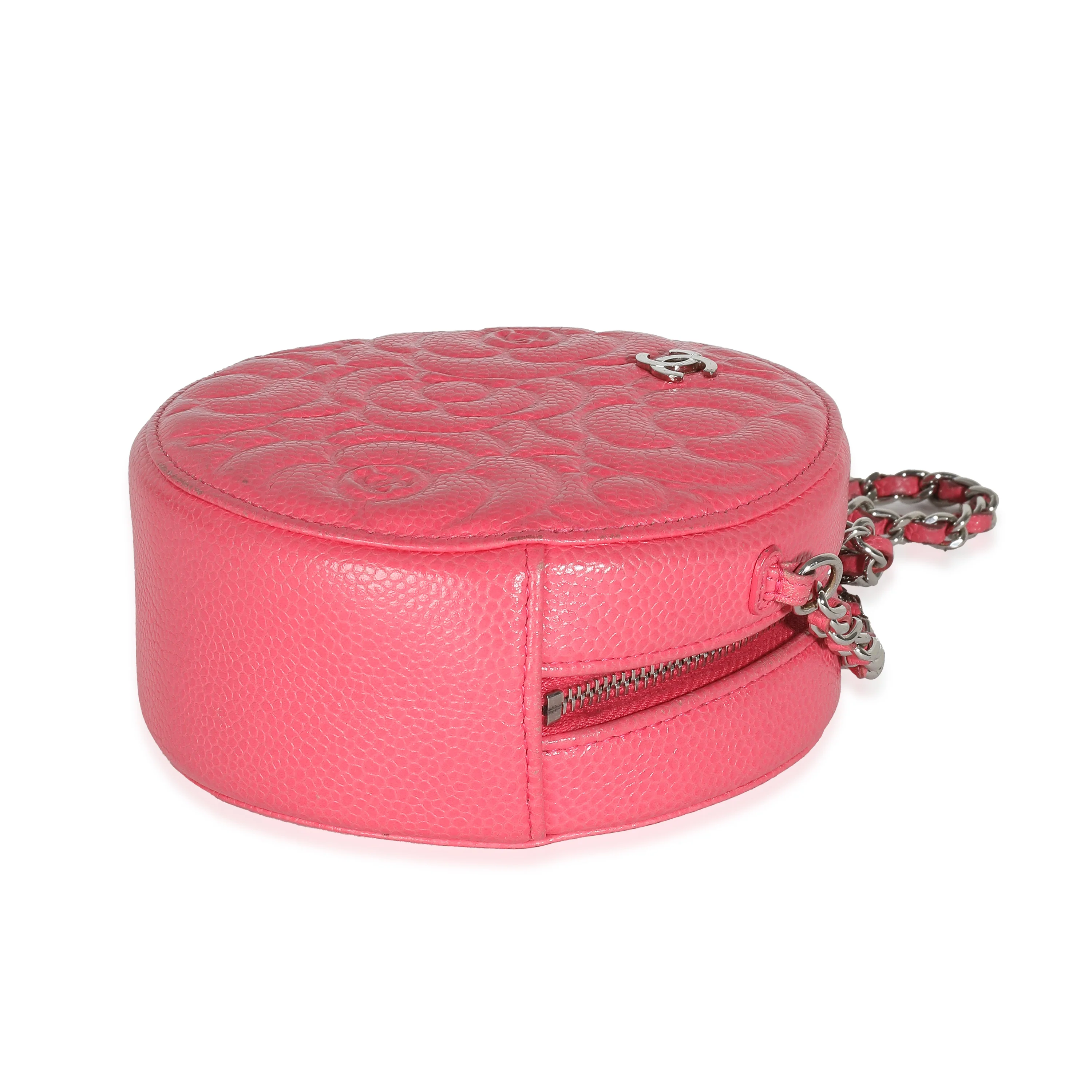 Pink Camellia Embossed Caviar Round Mini Pouch With Chain - Image 7