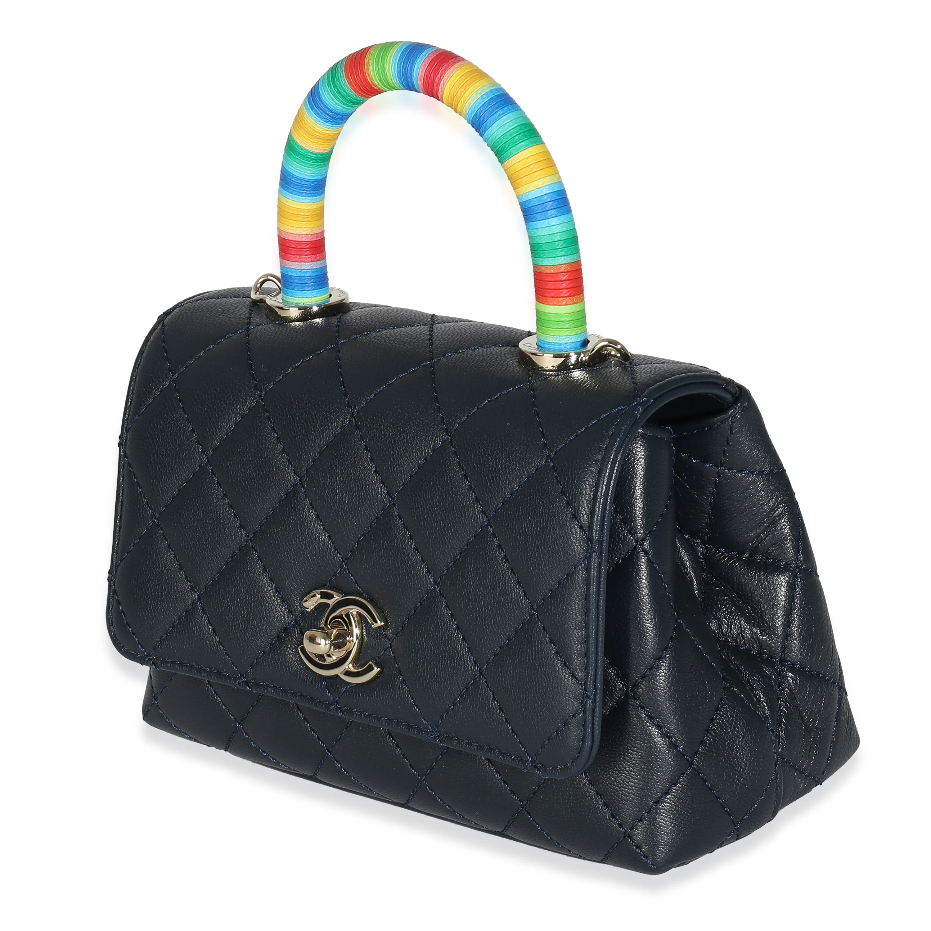 Navy Quilted Goatskin Rainbow Extra Mini Coco Top Handle Bag - Image 2