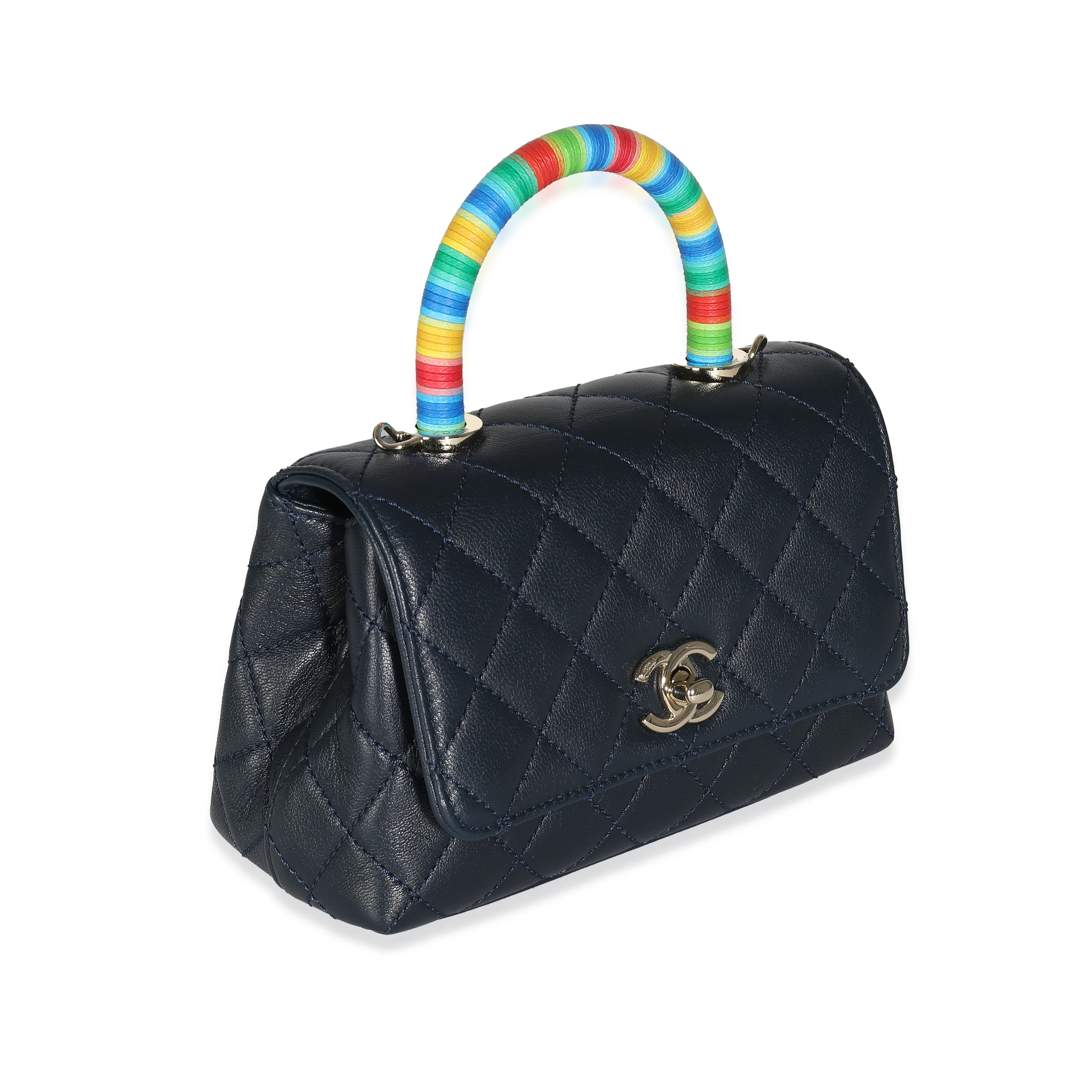 Navy Quilted Goatskin Rainbow Extra Mini Coco Top Handle Bag - Image 4