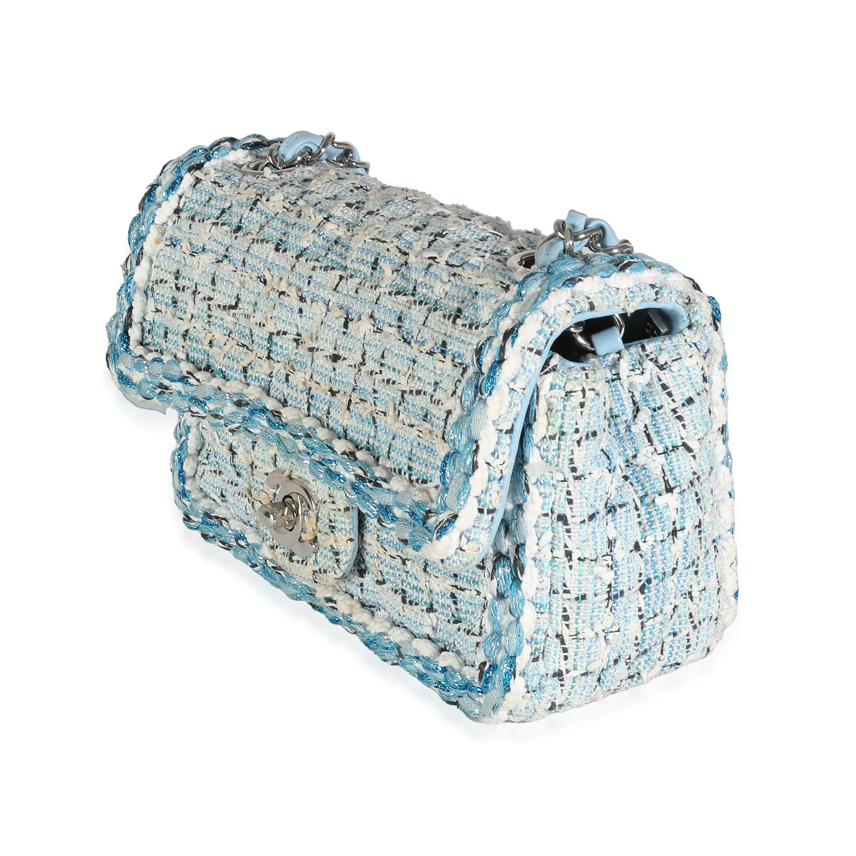 Metallic Blue White Tweed Mini Rectangular Flap Bag - Image 2