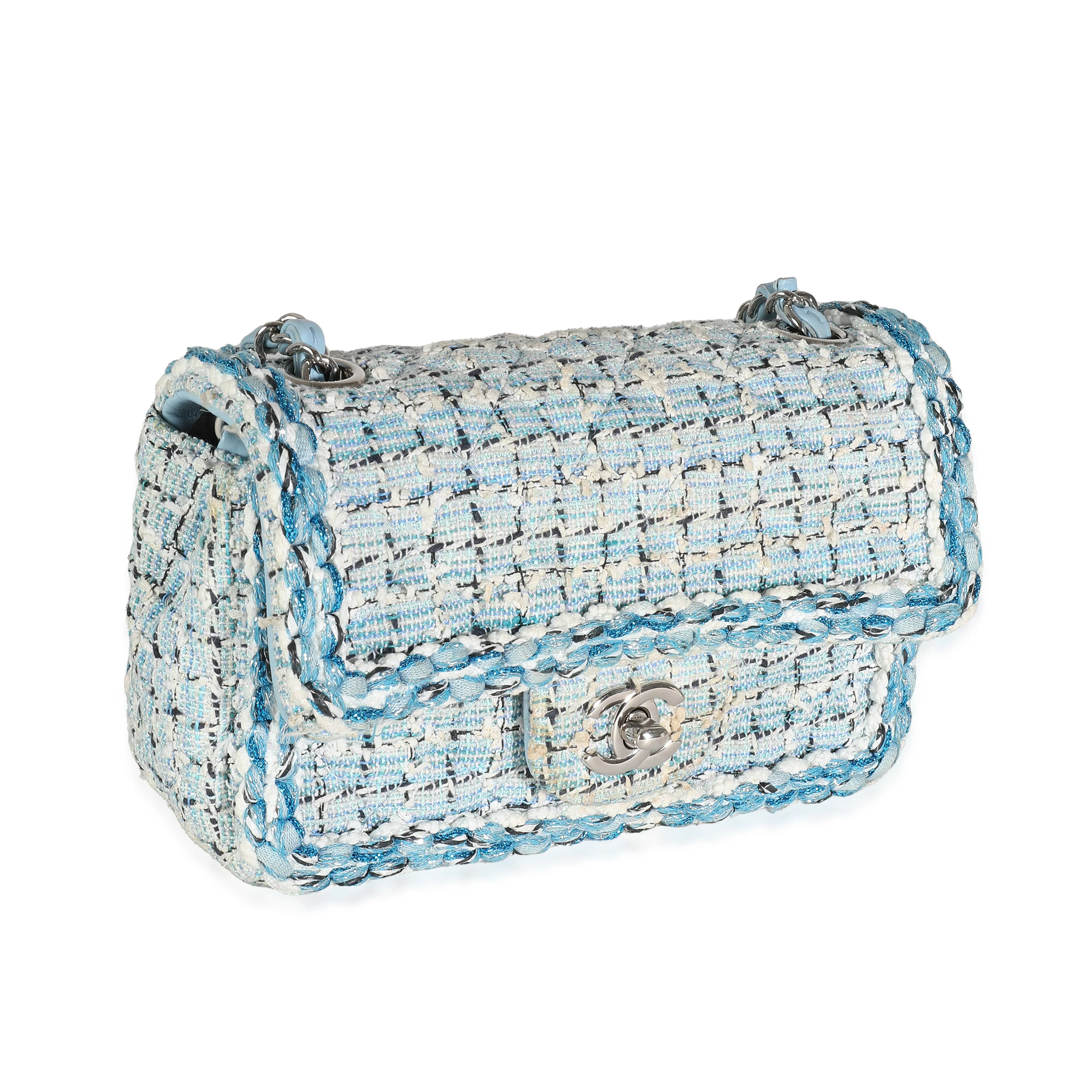 Metallic Blue White Tweed Mini Rectangular Flap Bag - Image 3