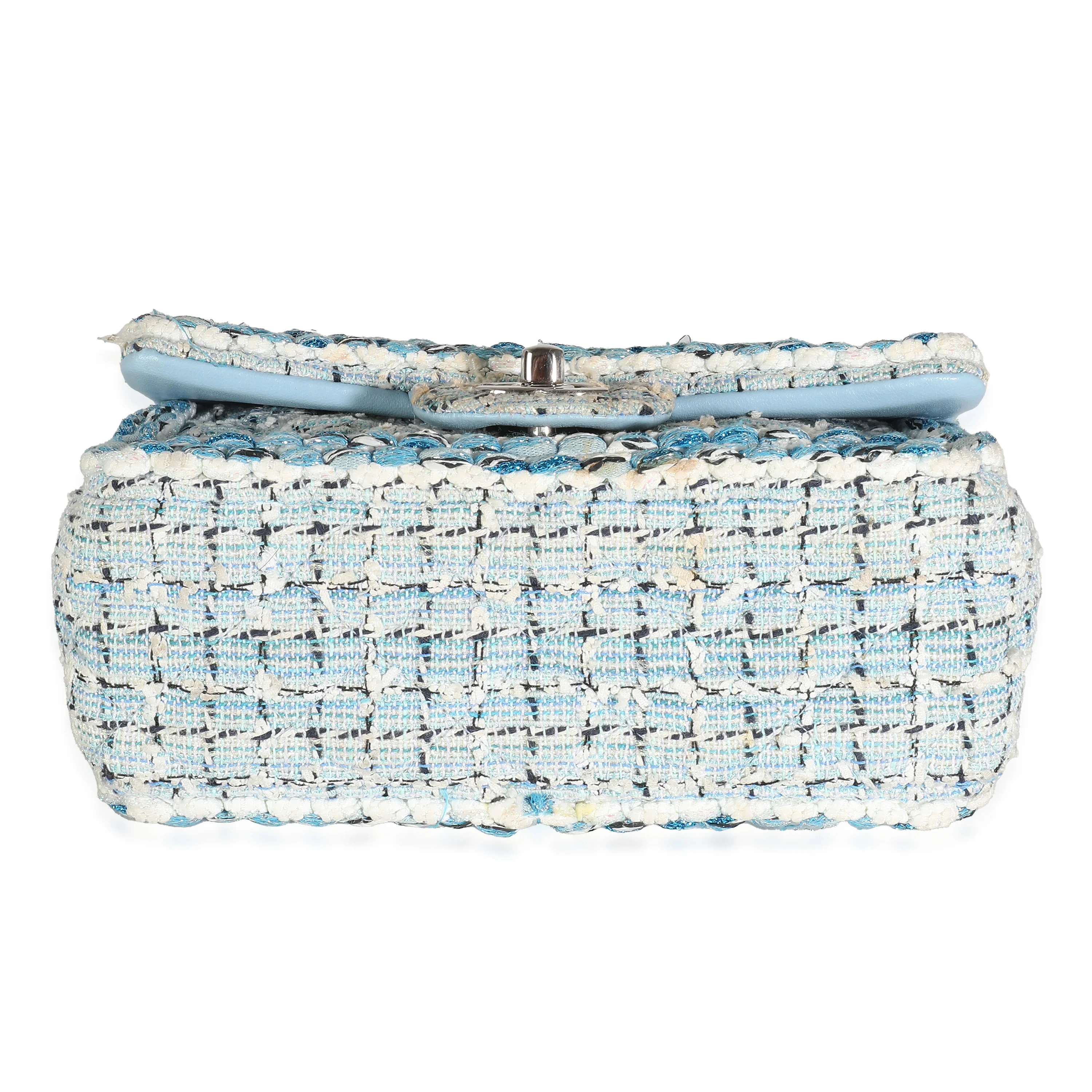 Metallic Blue White Tweed Mini Rectangular Flap Bag - Image 6
