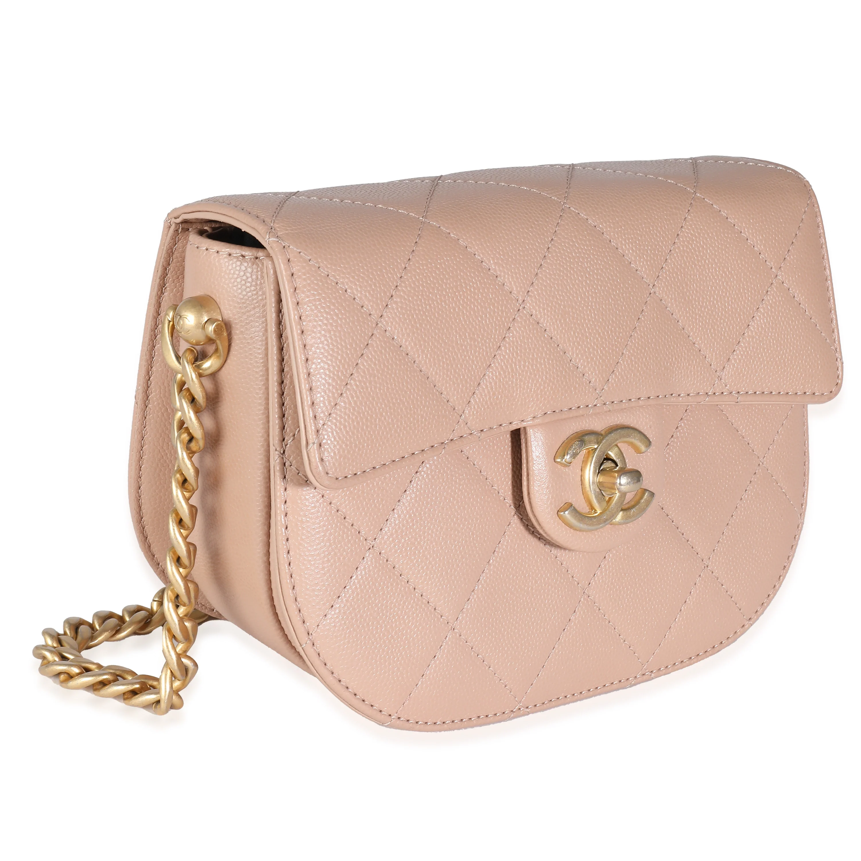 Beige Quilted Caviar Mini Round Messenger Bag - Image 3