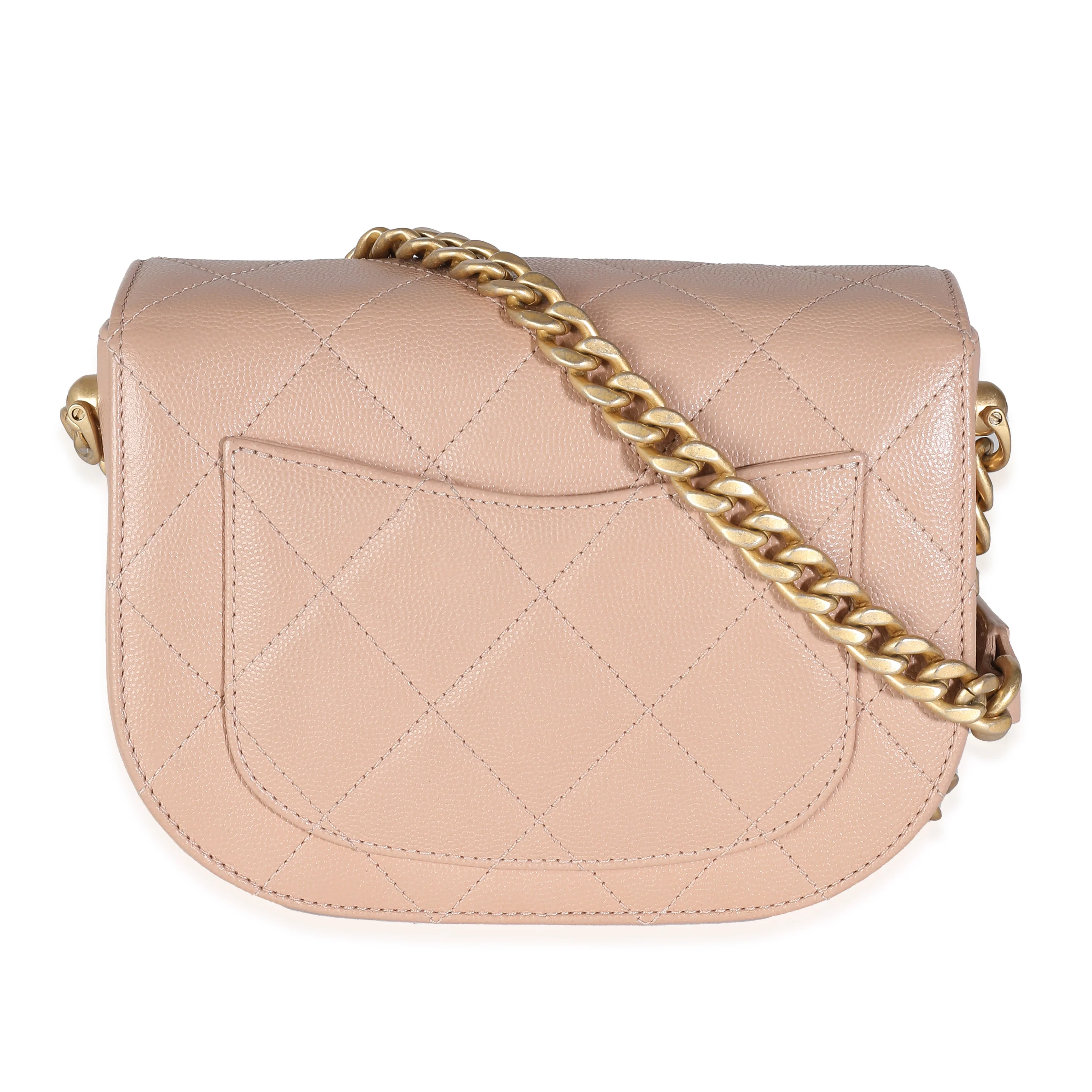 Beige Quilted Caviar Mini Round Messenger Bag - Image 4