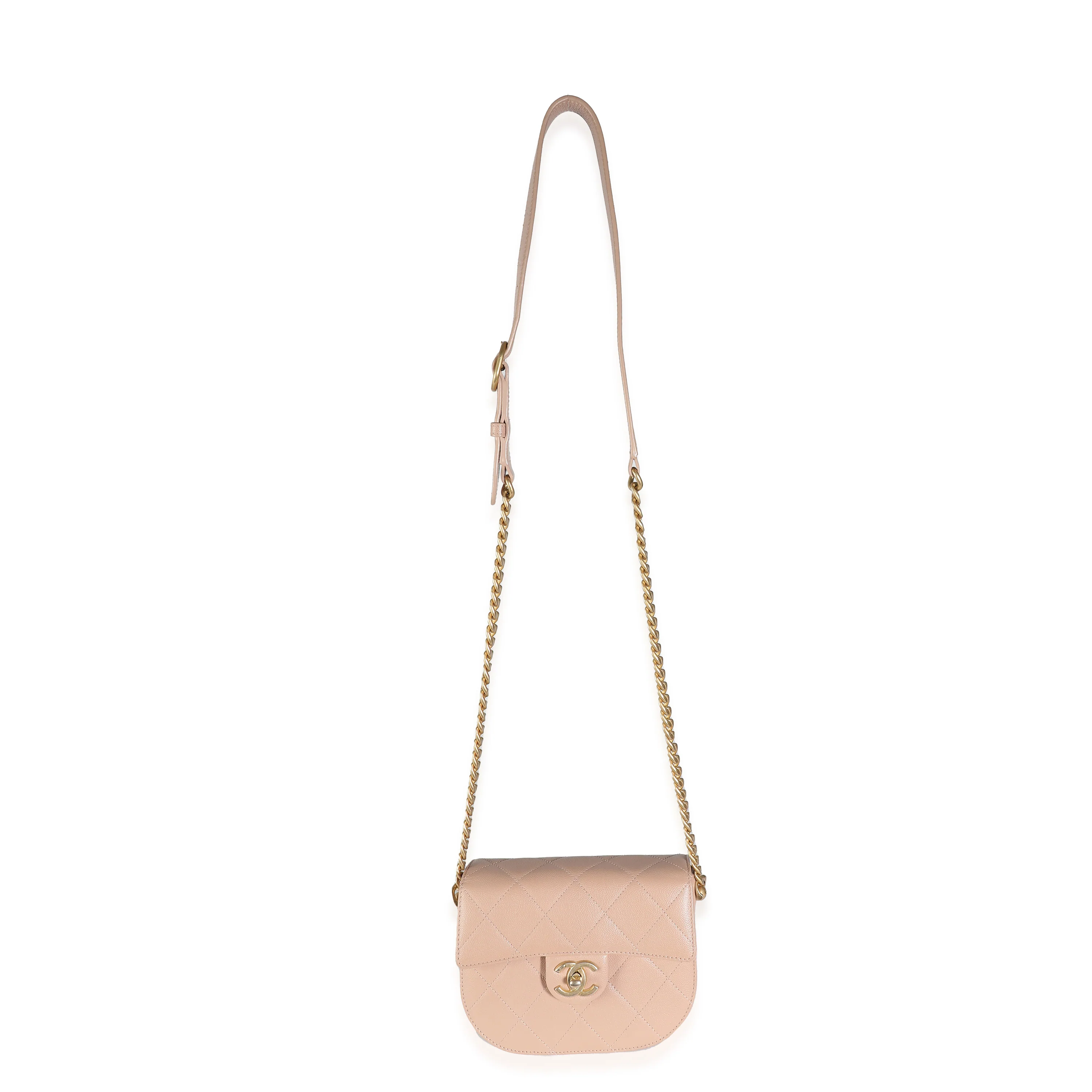 Beige Quilted Caviar Mini Round Messenger Bag - Image 8