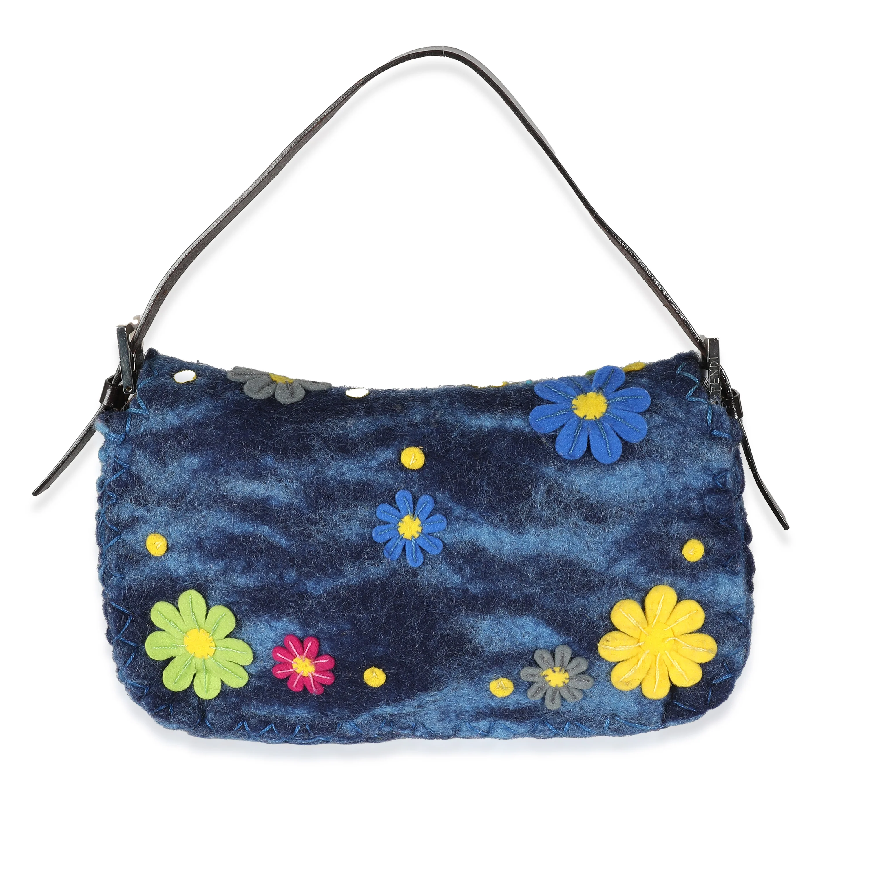 Blue Multicolor Wool Flower Baguette Bag - Image 4