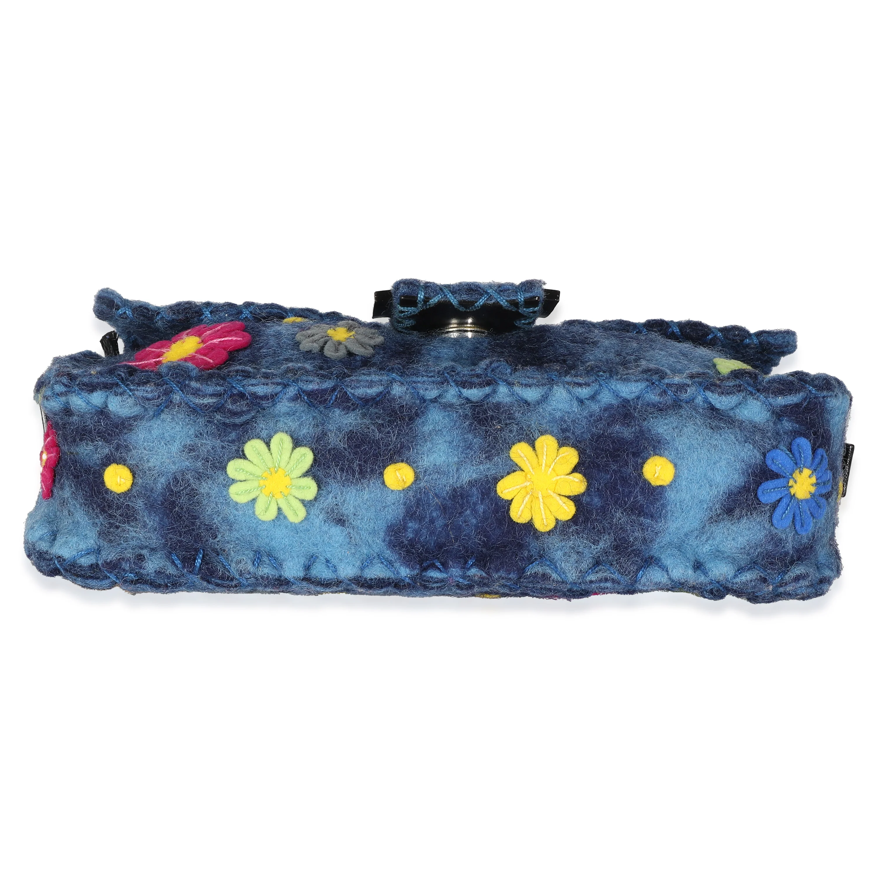 Blue Multicolor Wool Flower Baguette Bag - Image 5