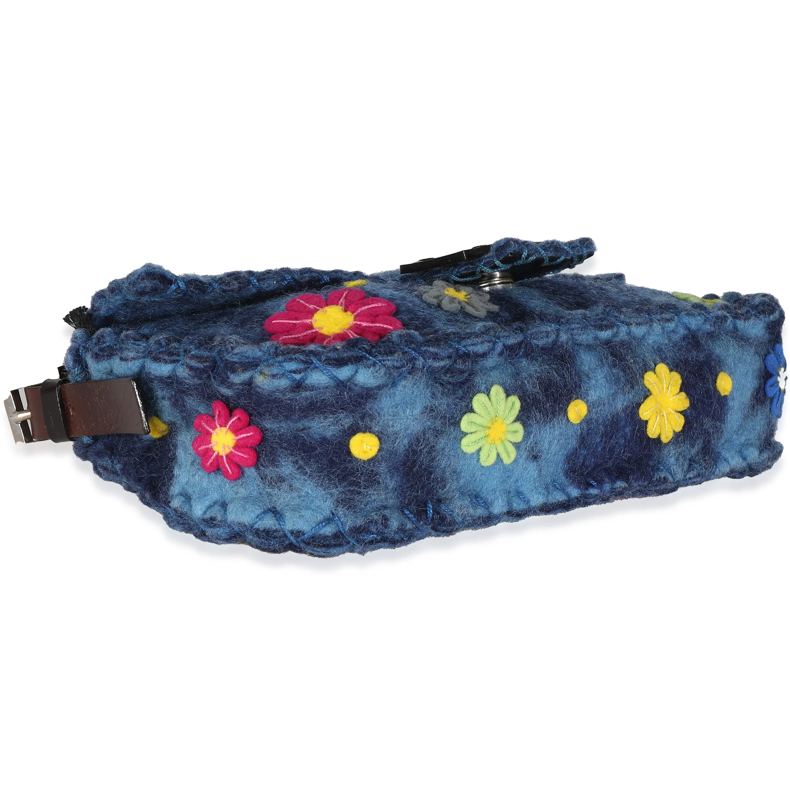 Blue Multicolor Wool Flower Baguette Bag - Image 6