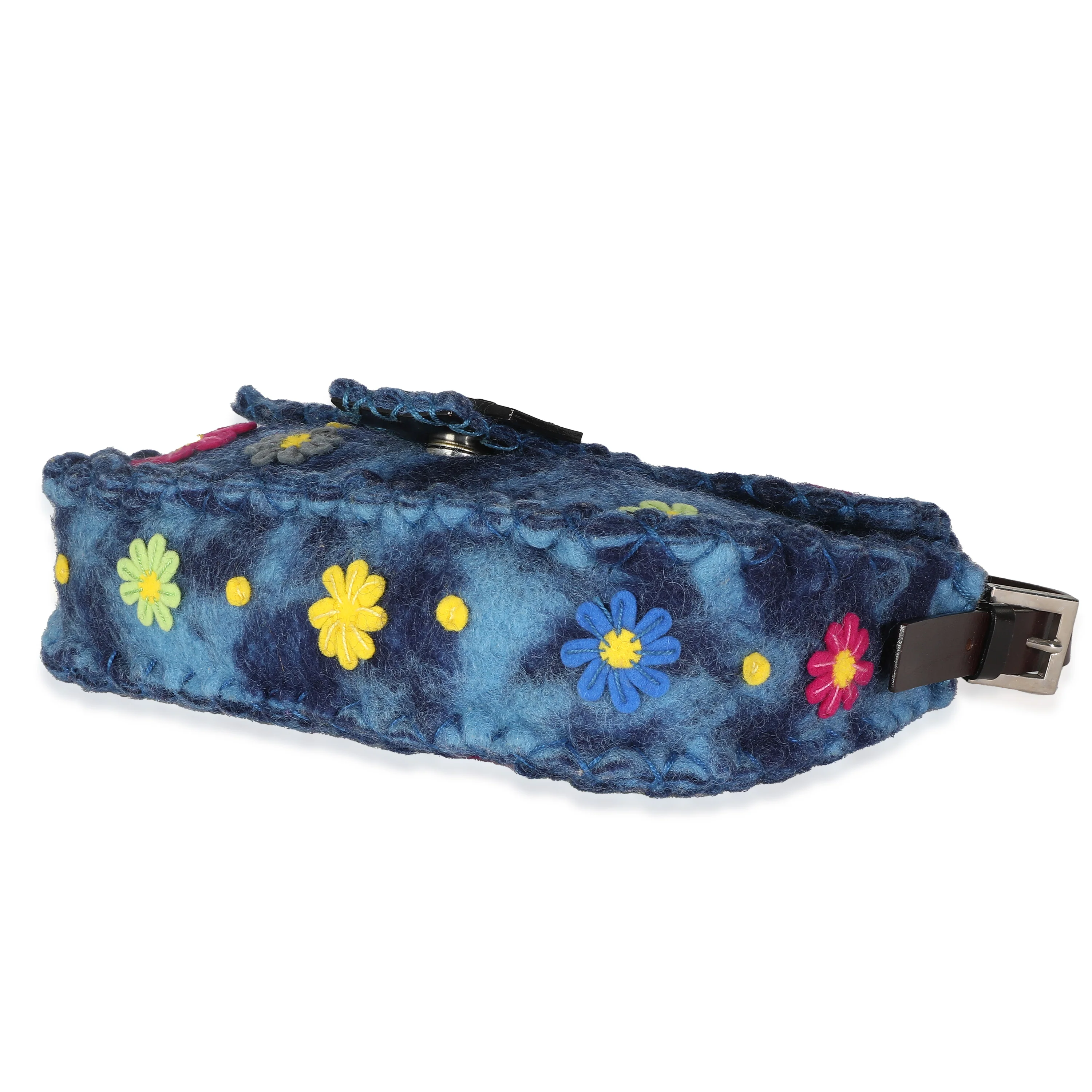 Blue Multicolor Wool Flower Baguette Bag - Image 7