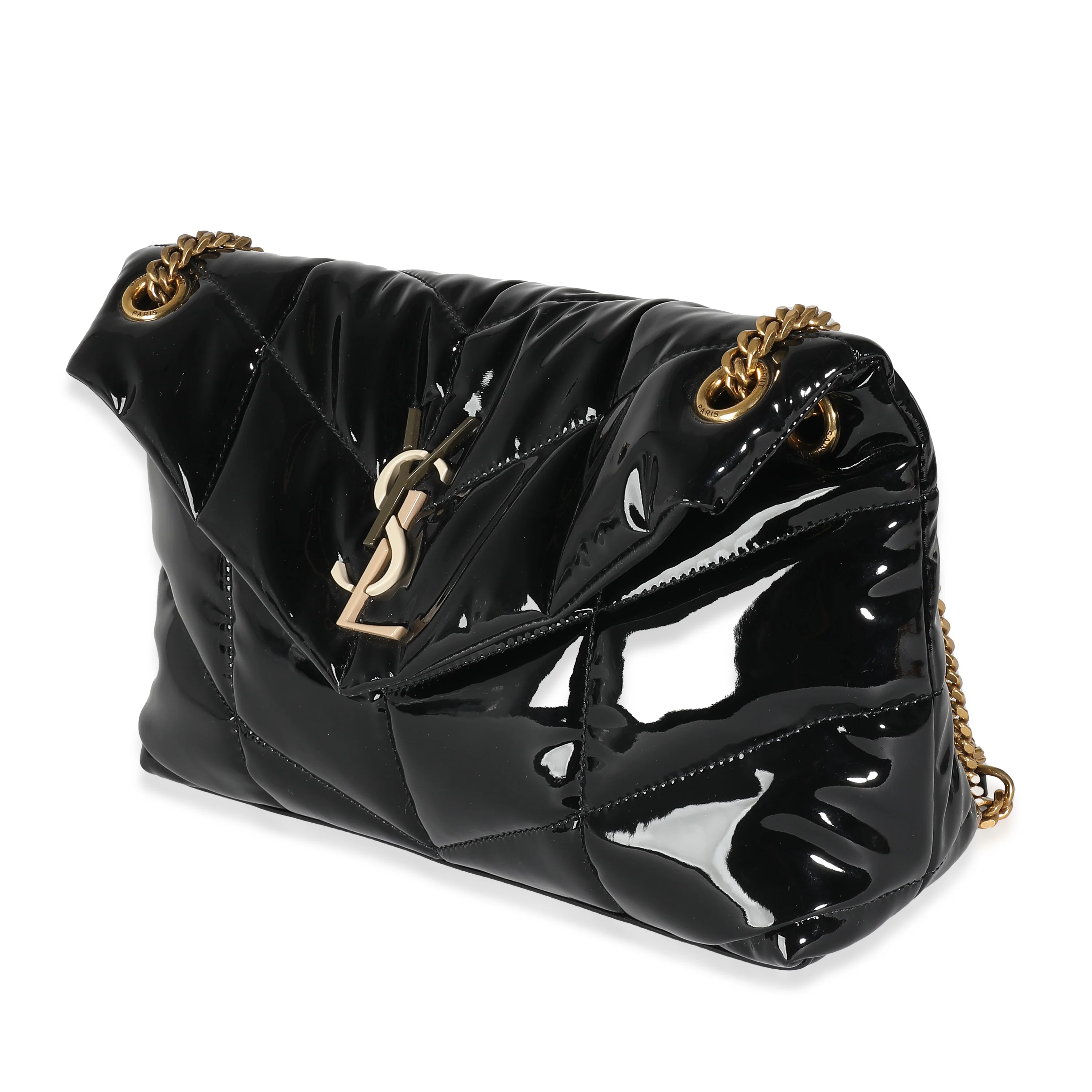 Black Quilted Patent Small Lou Puffer Chain Bag - Image 2