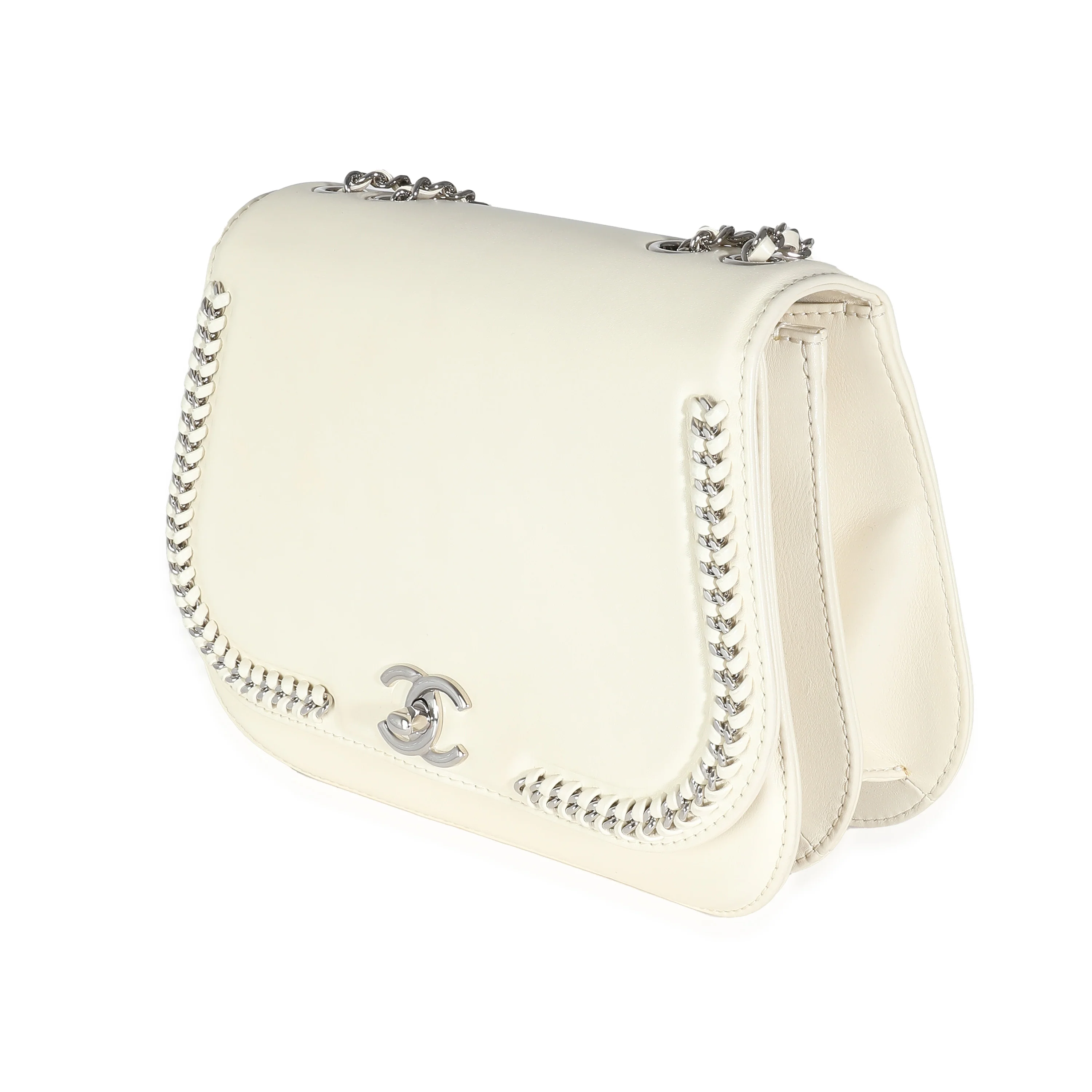 White Calfskin Small Braided Chain Chic Flap Bag - Image 2