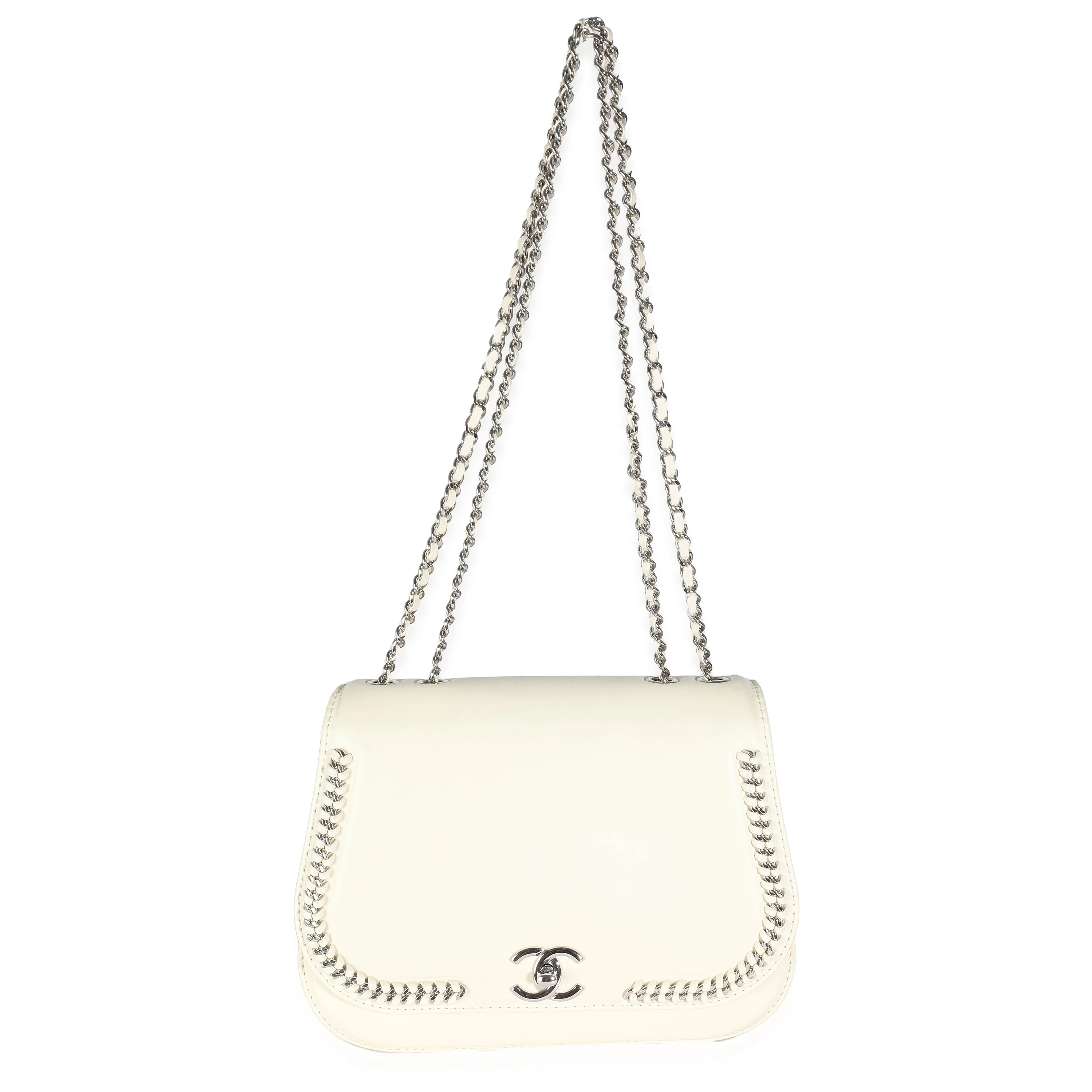 White Calfskin Small Braided Chain Chic Flap Bag - Image 8