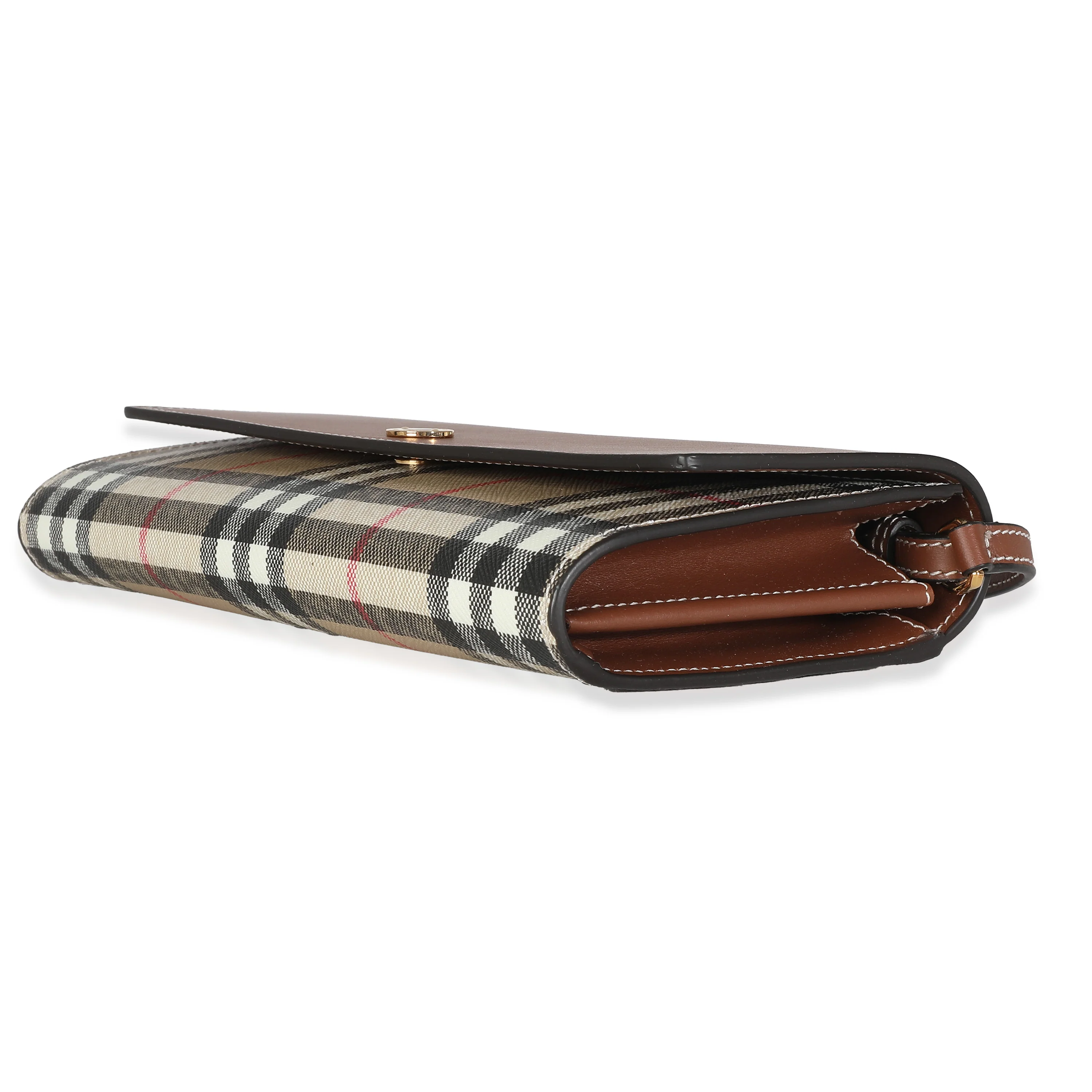 Beige Tan Calfskin Vintage Check Wallet With Strap - Image 4