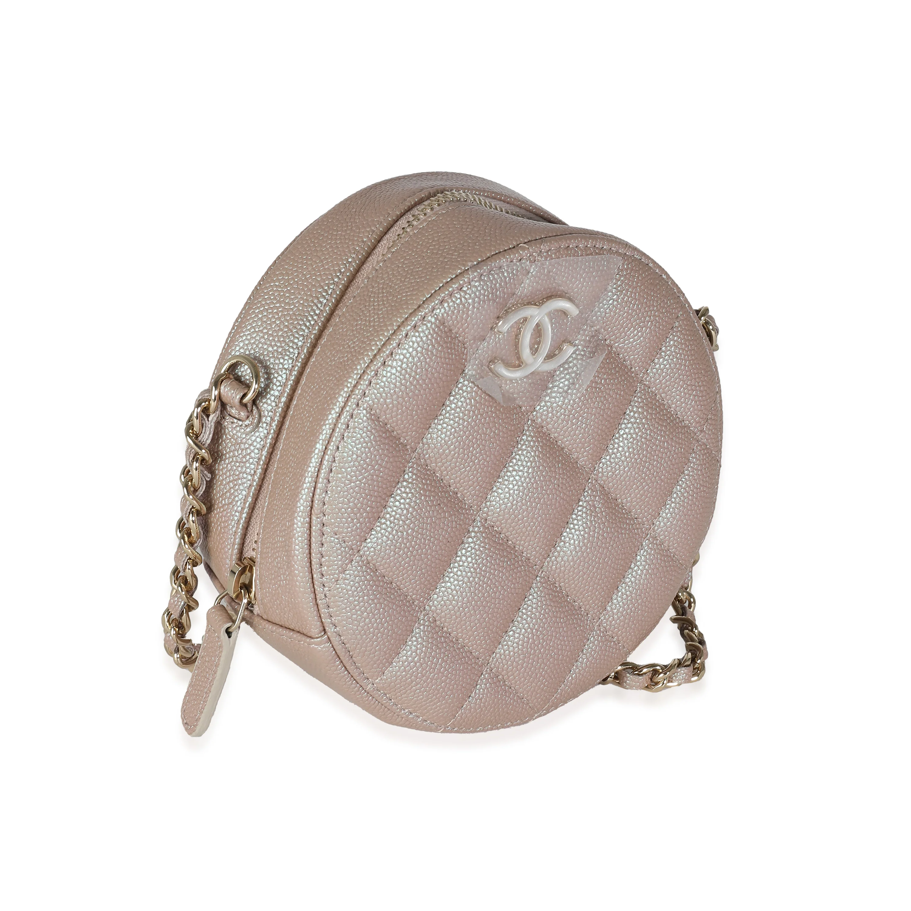 Pink Iridescent Quilted Caviar Round Handbag With Chain - Image 3