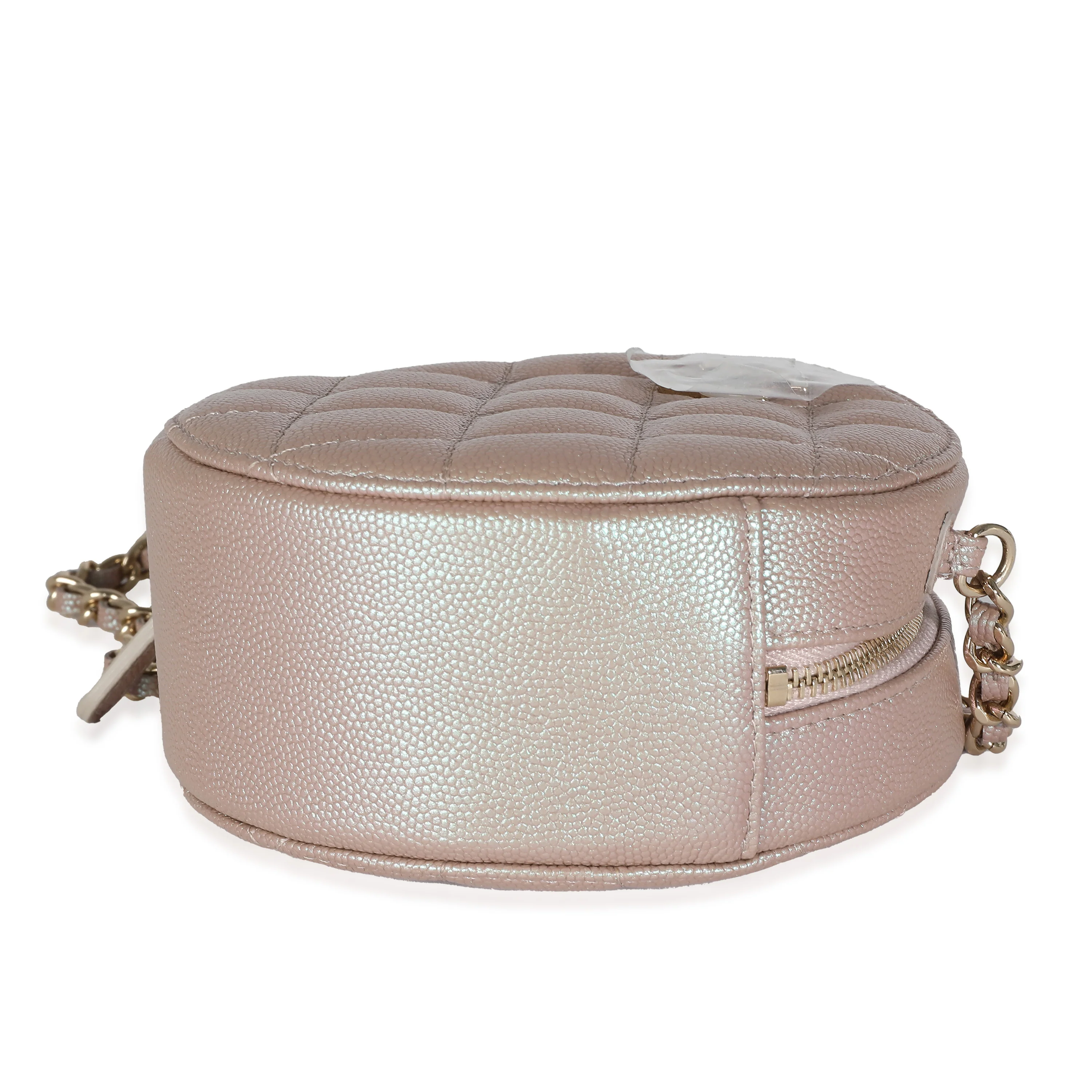 Pink Iridescent Quilted Caviar Round Handbag With Chain - Image 4