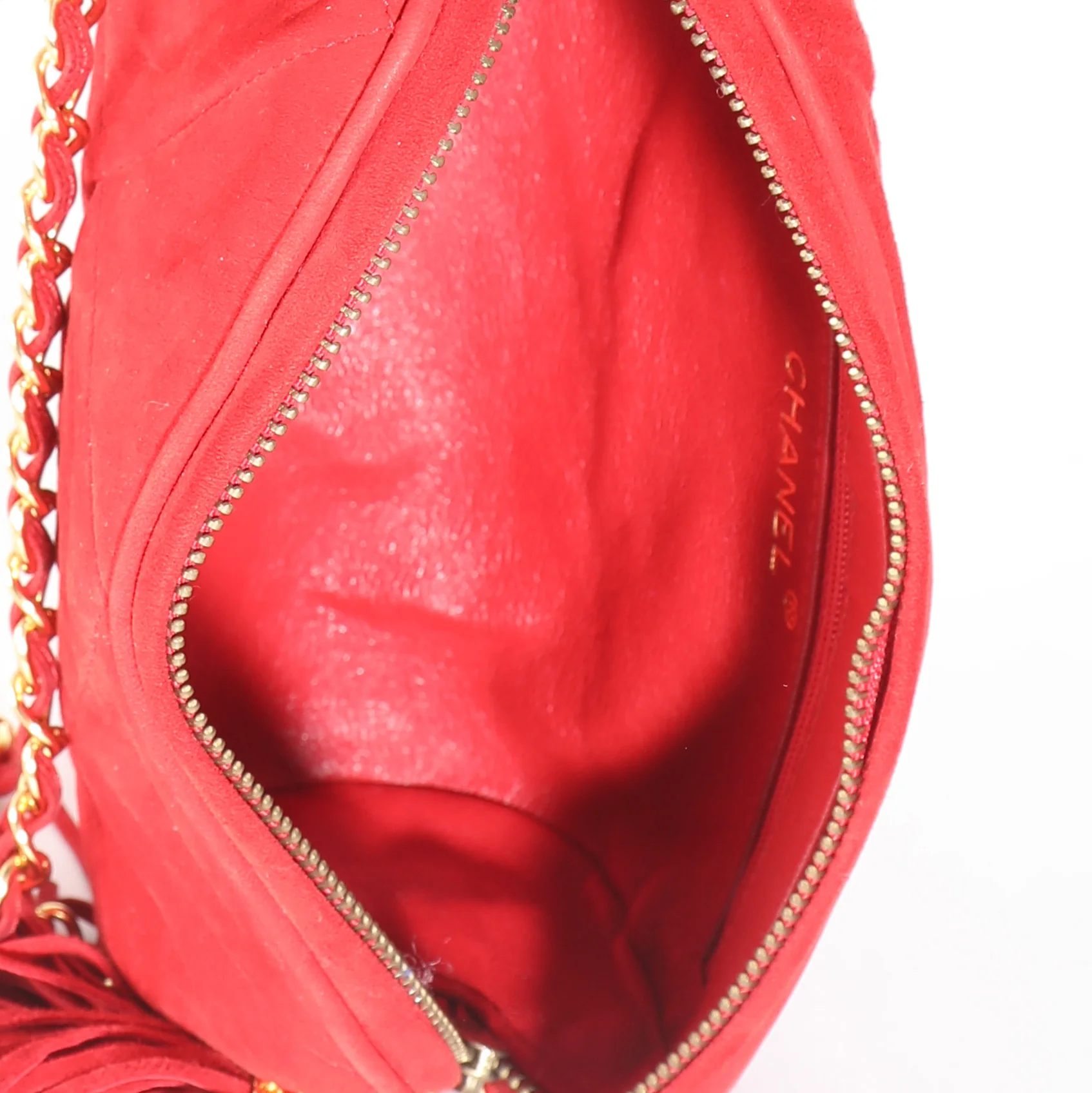 Vintage Red Suede Diamond Stitch Tassel Barrel Clutch - Image 10