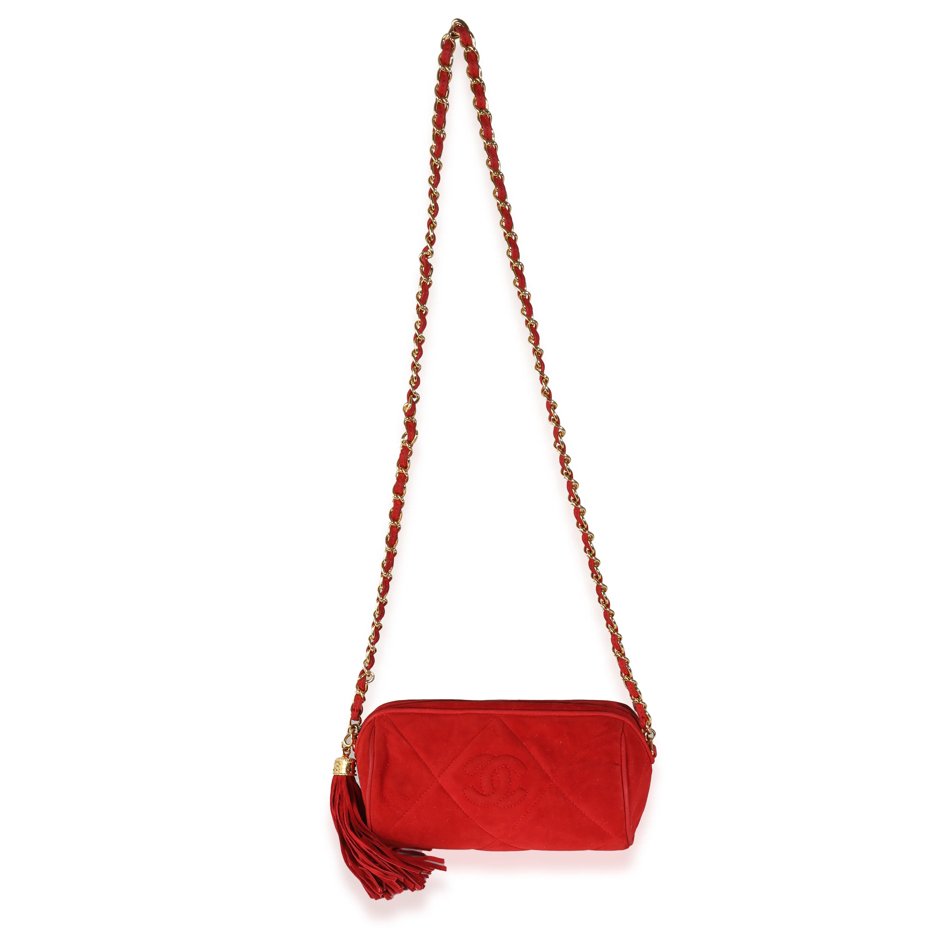 Vintage Red Suede Diamond Stitch Tassel Barrel Clutch - Image 8