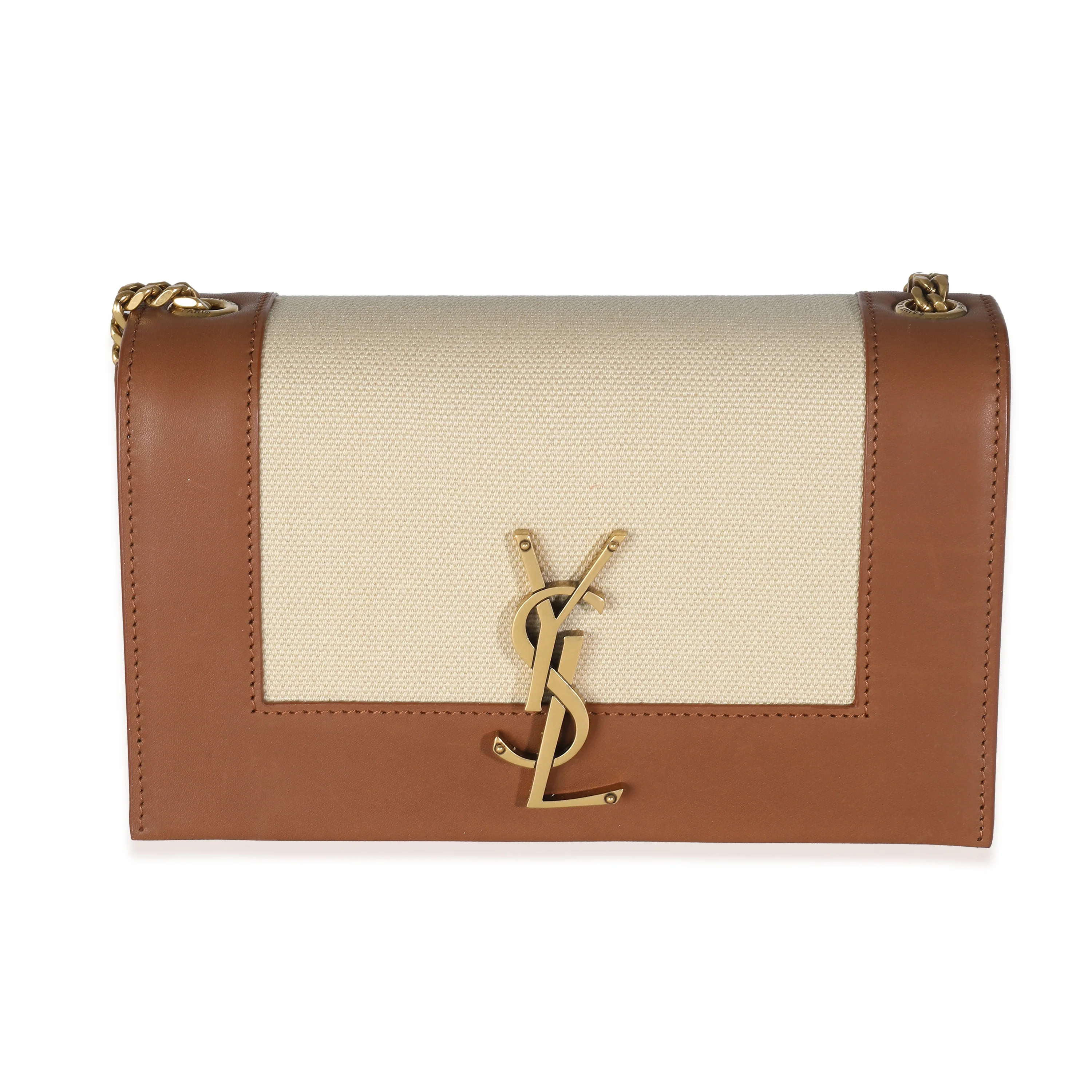Brown Leather Linen Small Kate Wallet On Chain