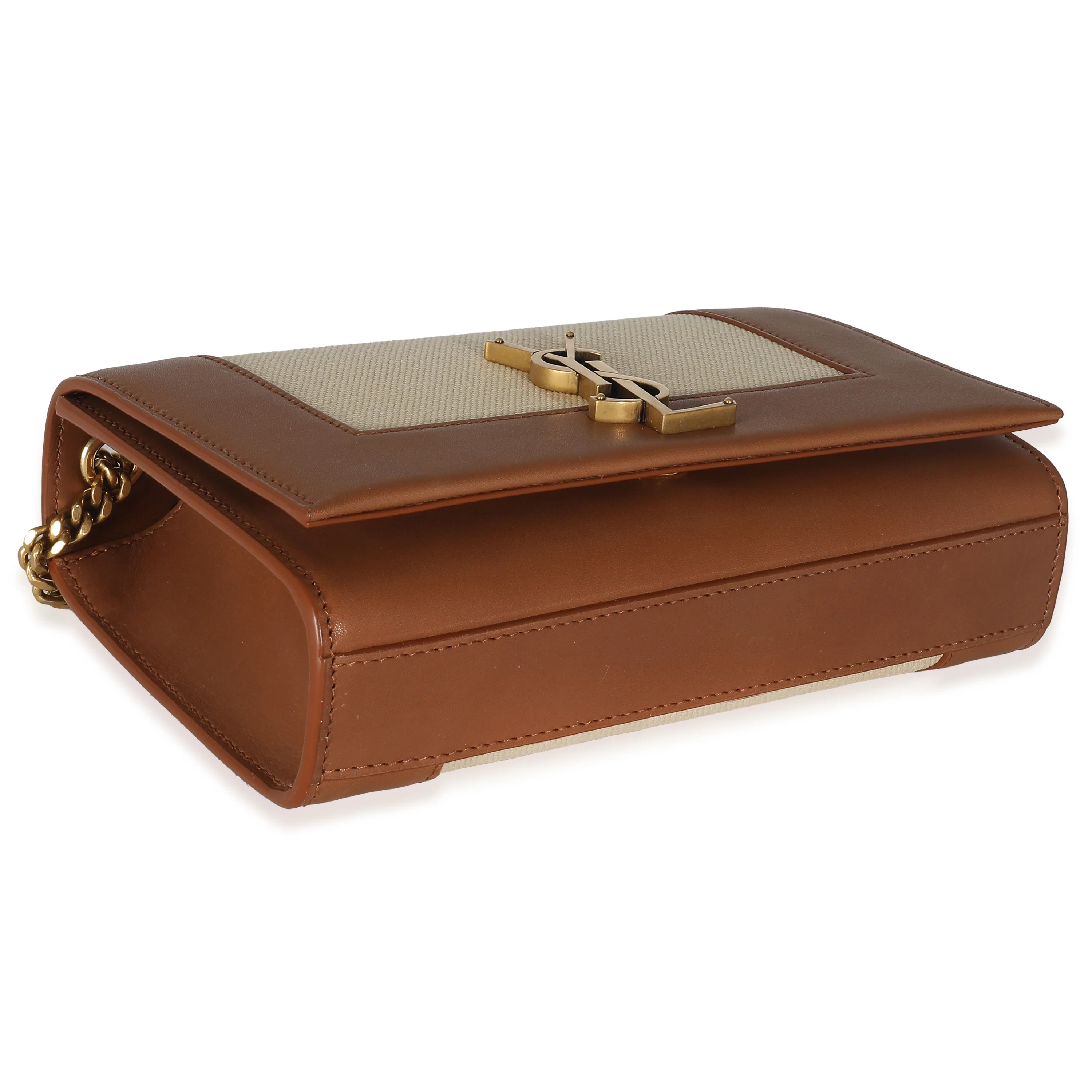 Brown Leather Linen Small Kate Wallet On Chain - Image 4
