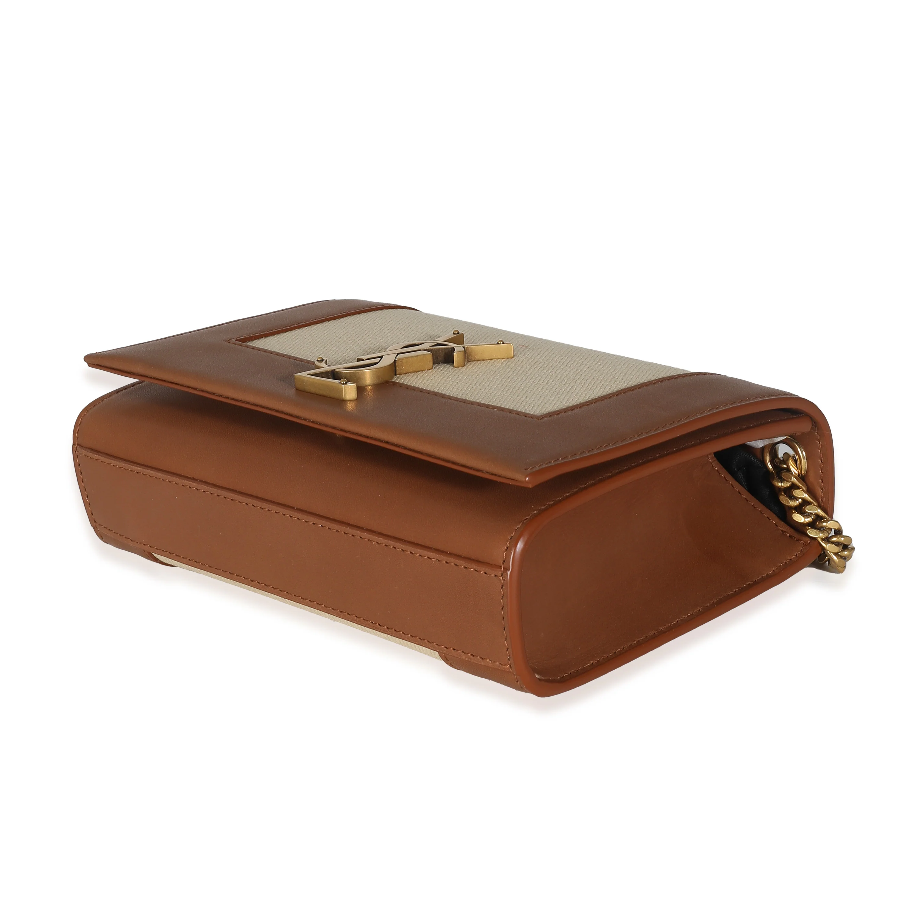 Brown Leather Linen Small Kate Wallet On Chain - Image 6