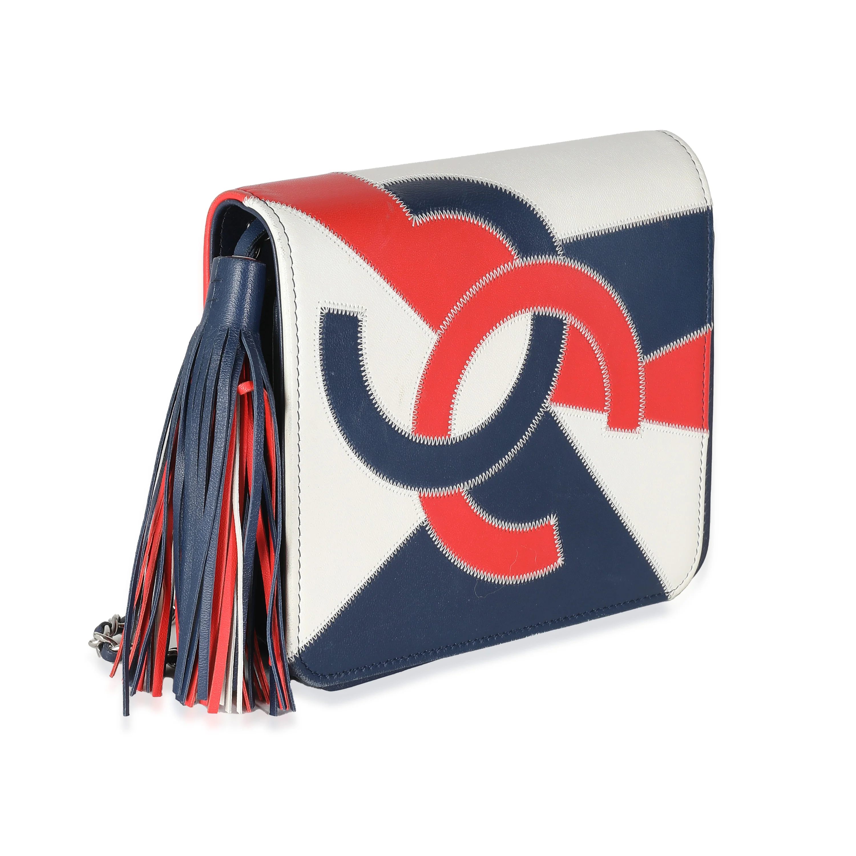 Red Blue White Lambskin Patchwork CC Flap Bag - Image 3
