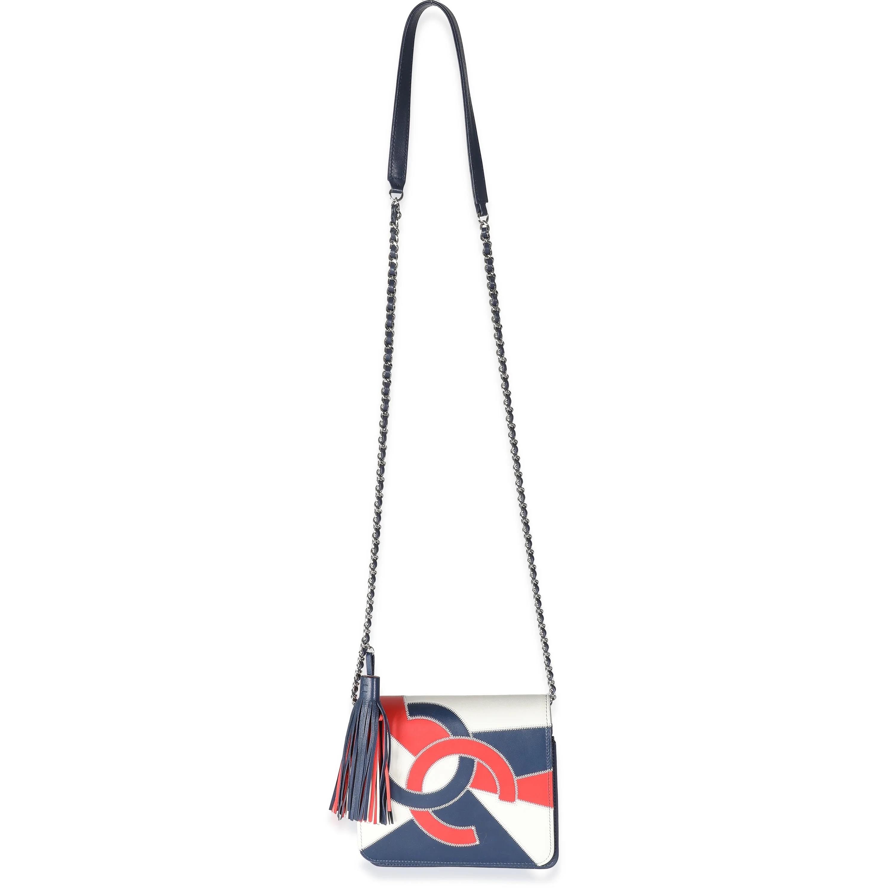 Red Blue White Lambskin Patchwork CC Flap Bag - Image 8