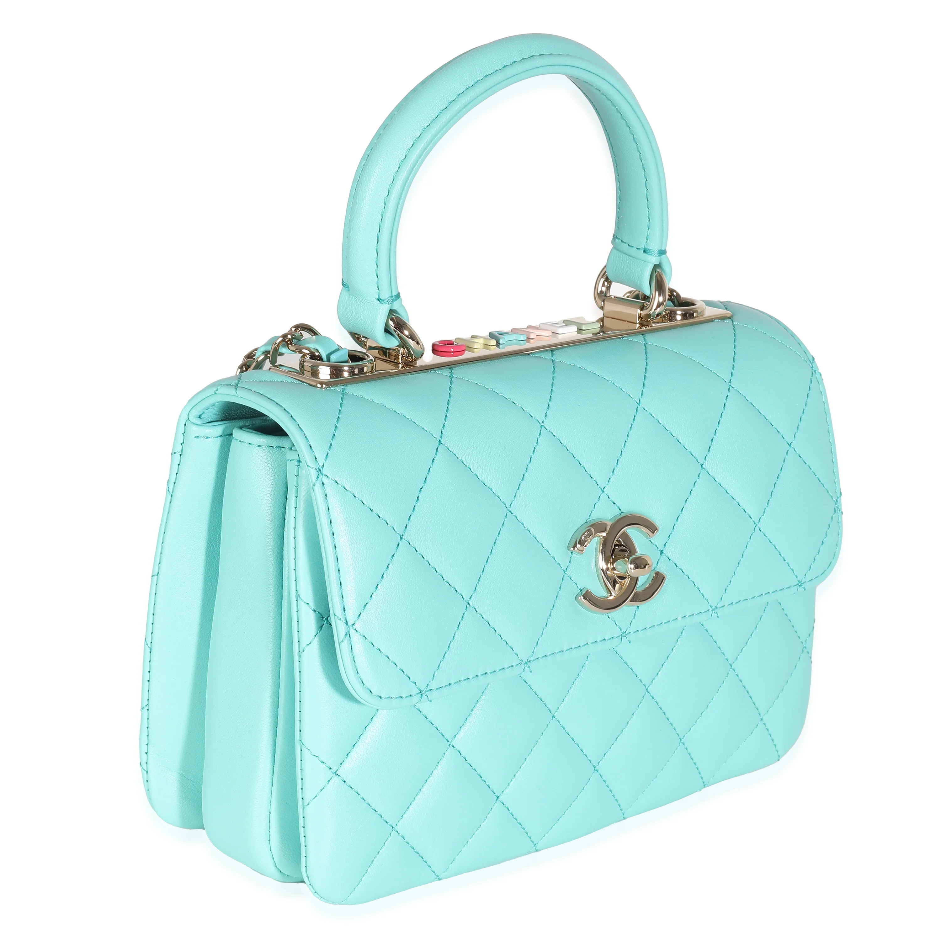 24C Turquoise Quilted Lambskin Mini Trendy Top Handle - Image 3